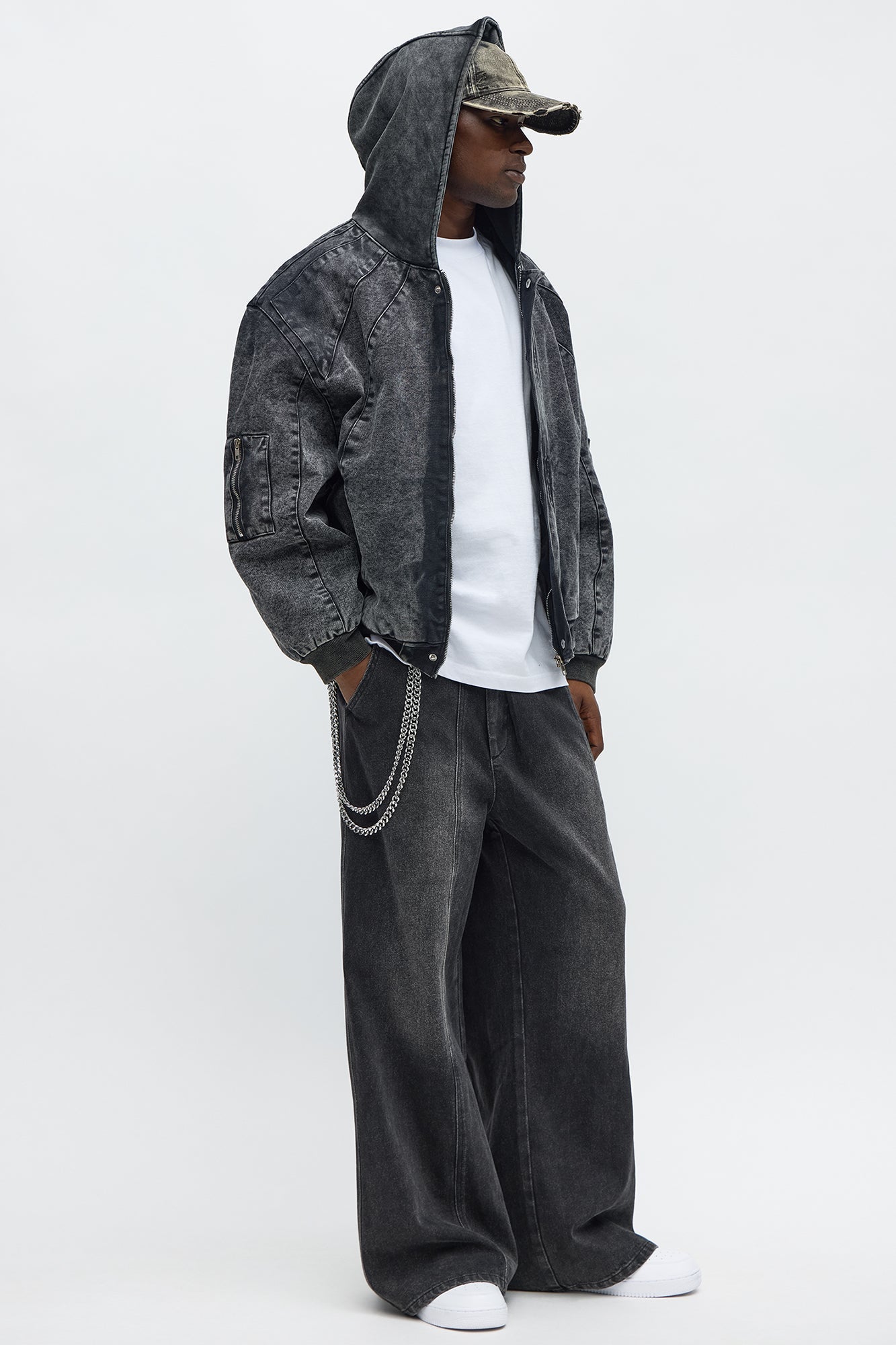 Oversized Padded Hooded Utility Bomber - Charcoal/combo