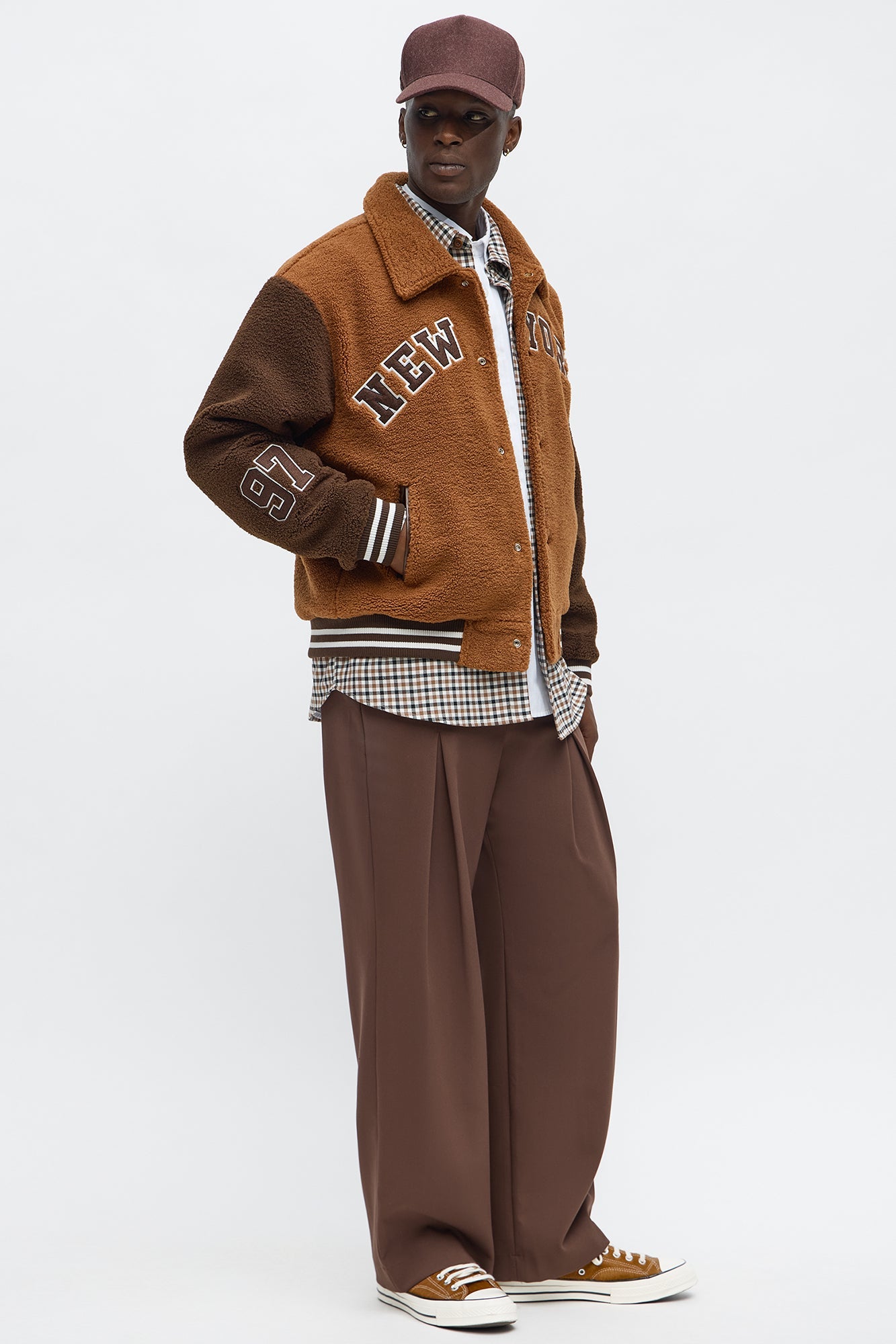 Relaxed Textured New York Sherpa Varsity Jacket - Brown/combo
