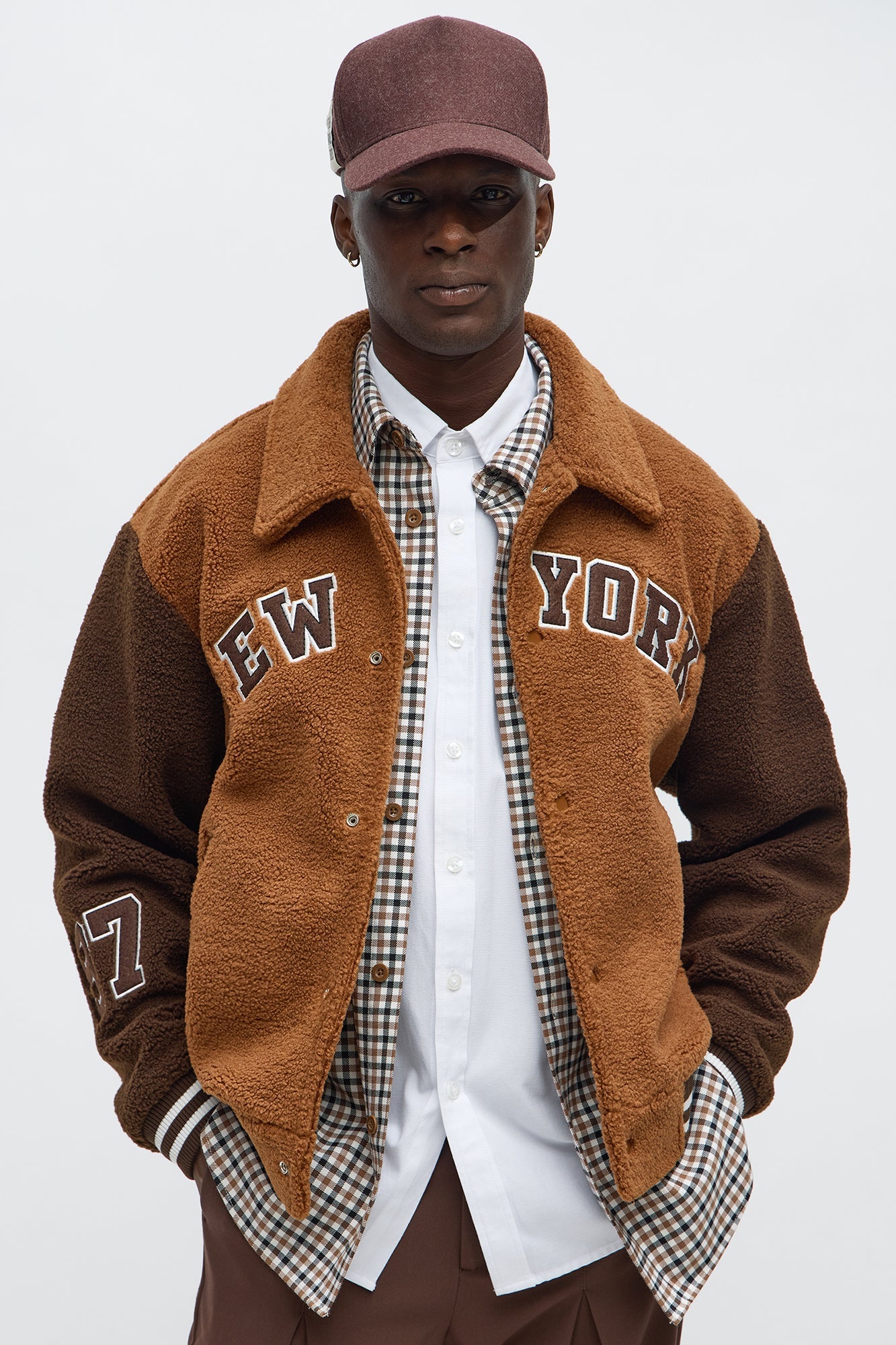 Relaxed Textured New York Sherpa Varsity Jacket - Brown/combo