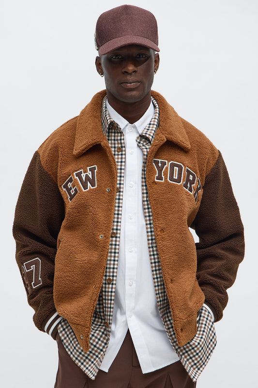 Relaxed Textured New York Sherpa Varsity Jacket - Brown/combo