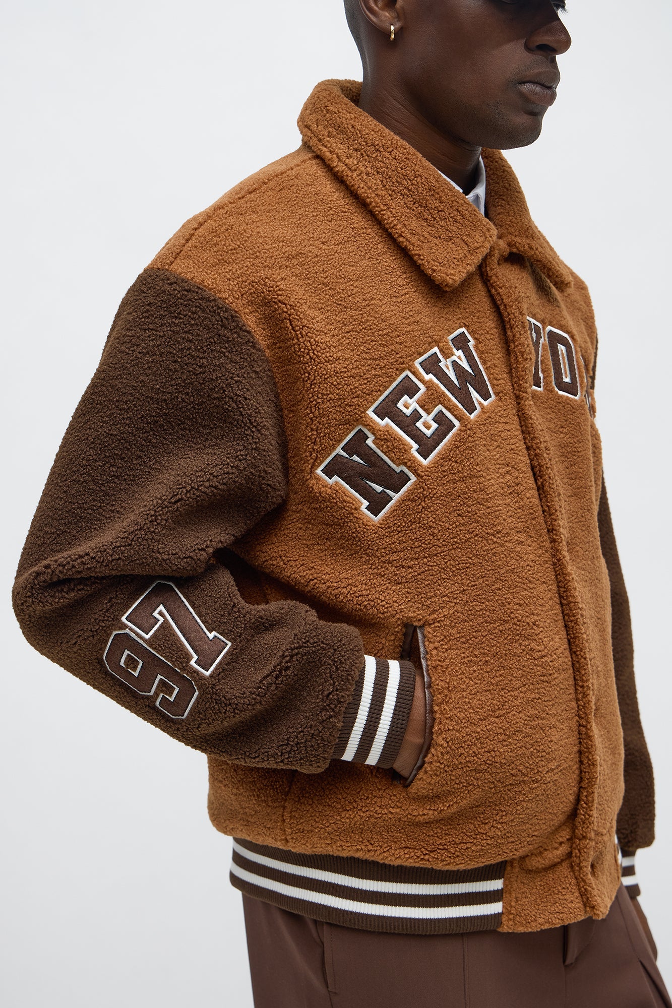 Relaxed Textured New York Sherpa Varsity Jacket - Brown/combo