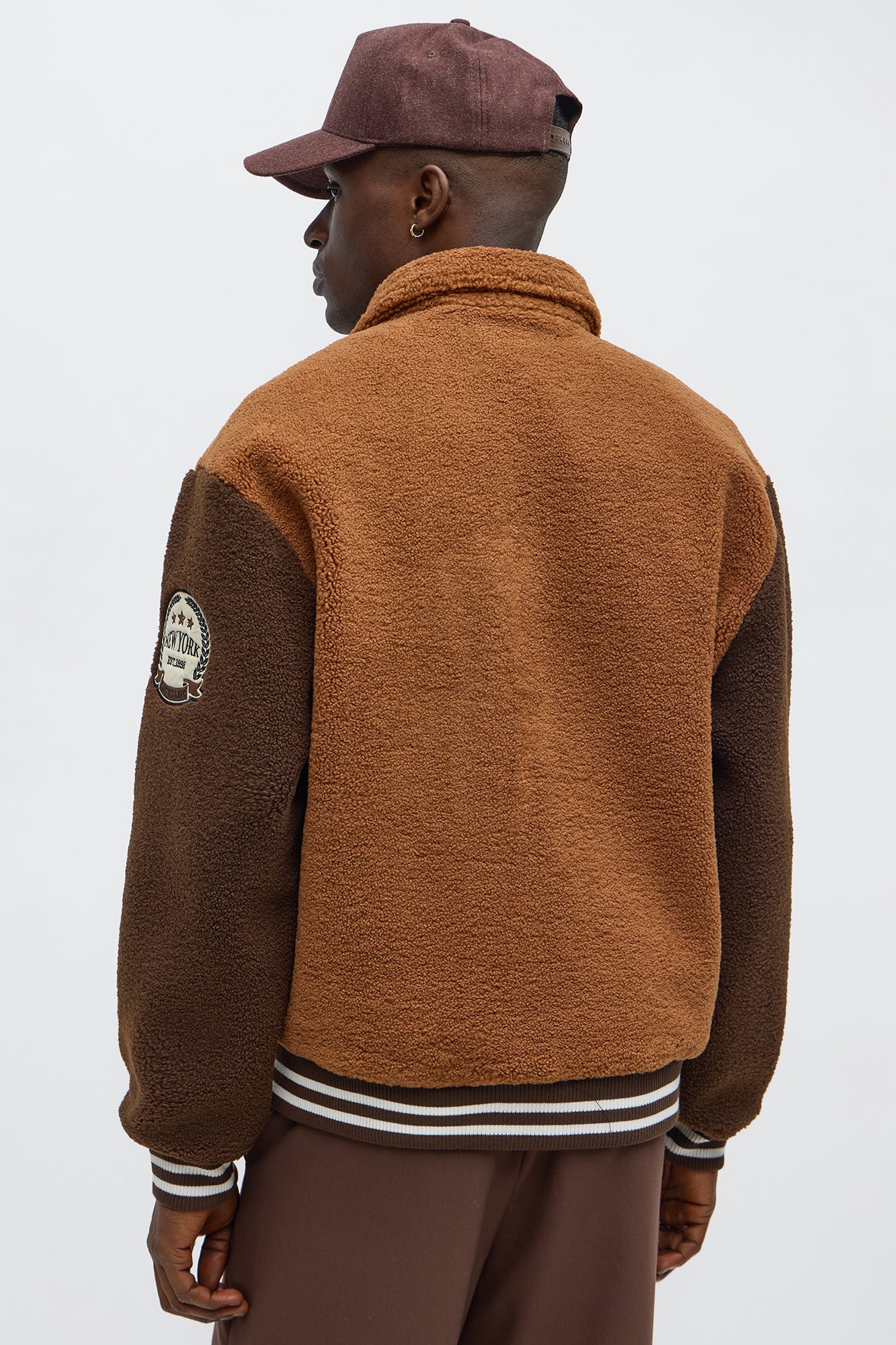 Relaxed Textured New York Sherpa Varsity Jacket - Brown/combo