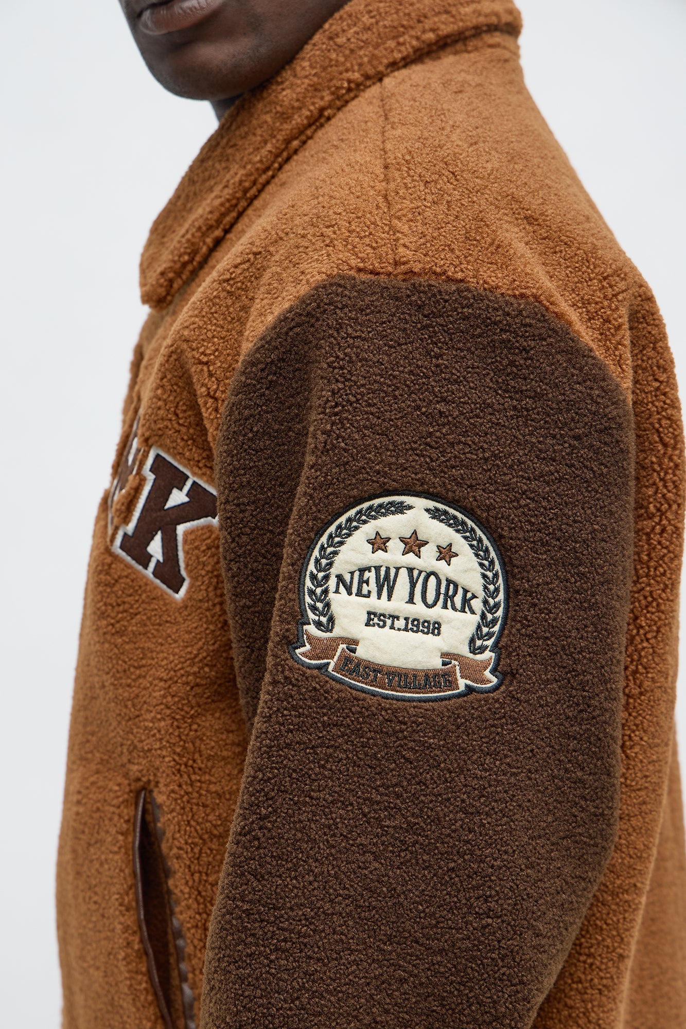Relaxed Textured New York Sherpa Varsity Jacket - Brown/combo