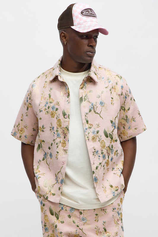 Cropped Blooming Button Up Shirt - Pink