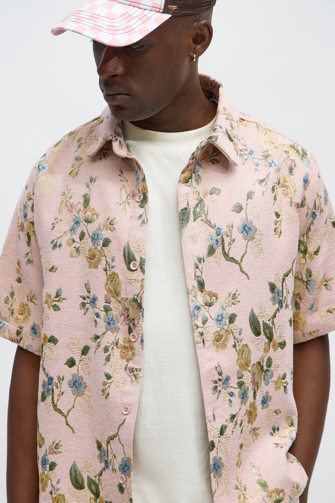 Cropped Blooming Button Up Shirt - Pink