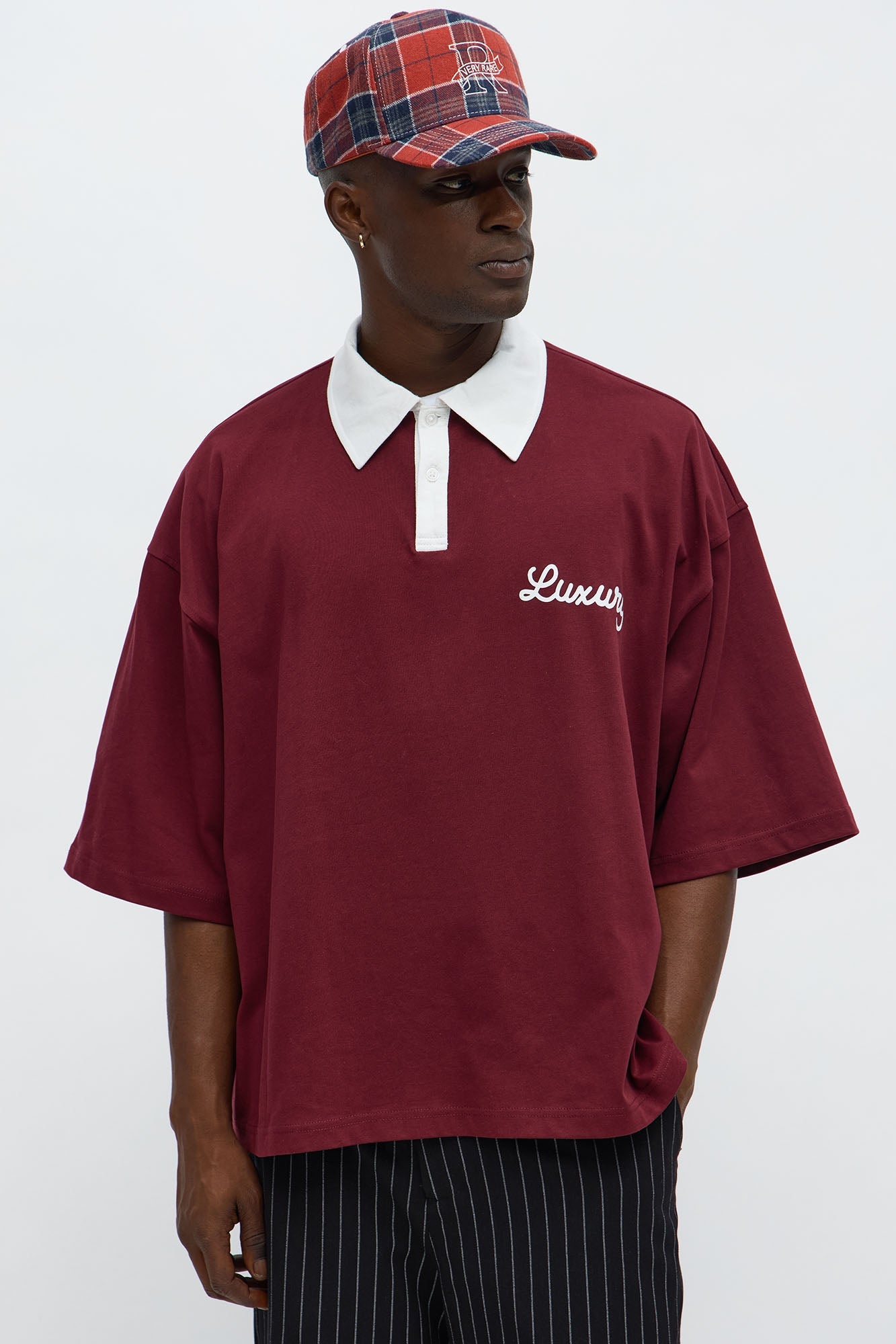 Luxury Pearl Embellished Short Sleeve Polo - Burgundy/combo