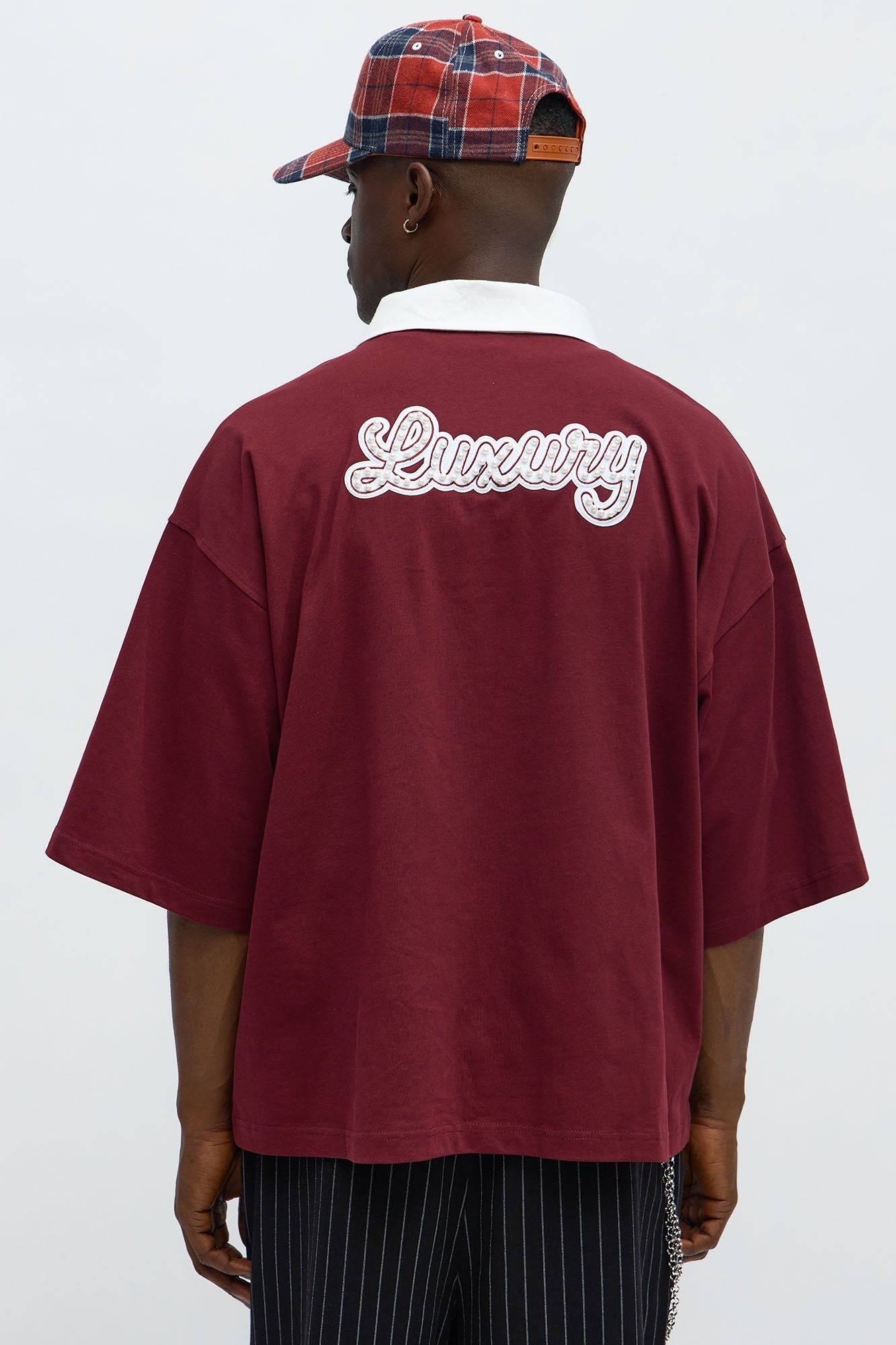 Luxury Pearl Embellished Short Sleeve Polo - Burgundy/combo