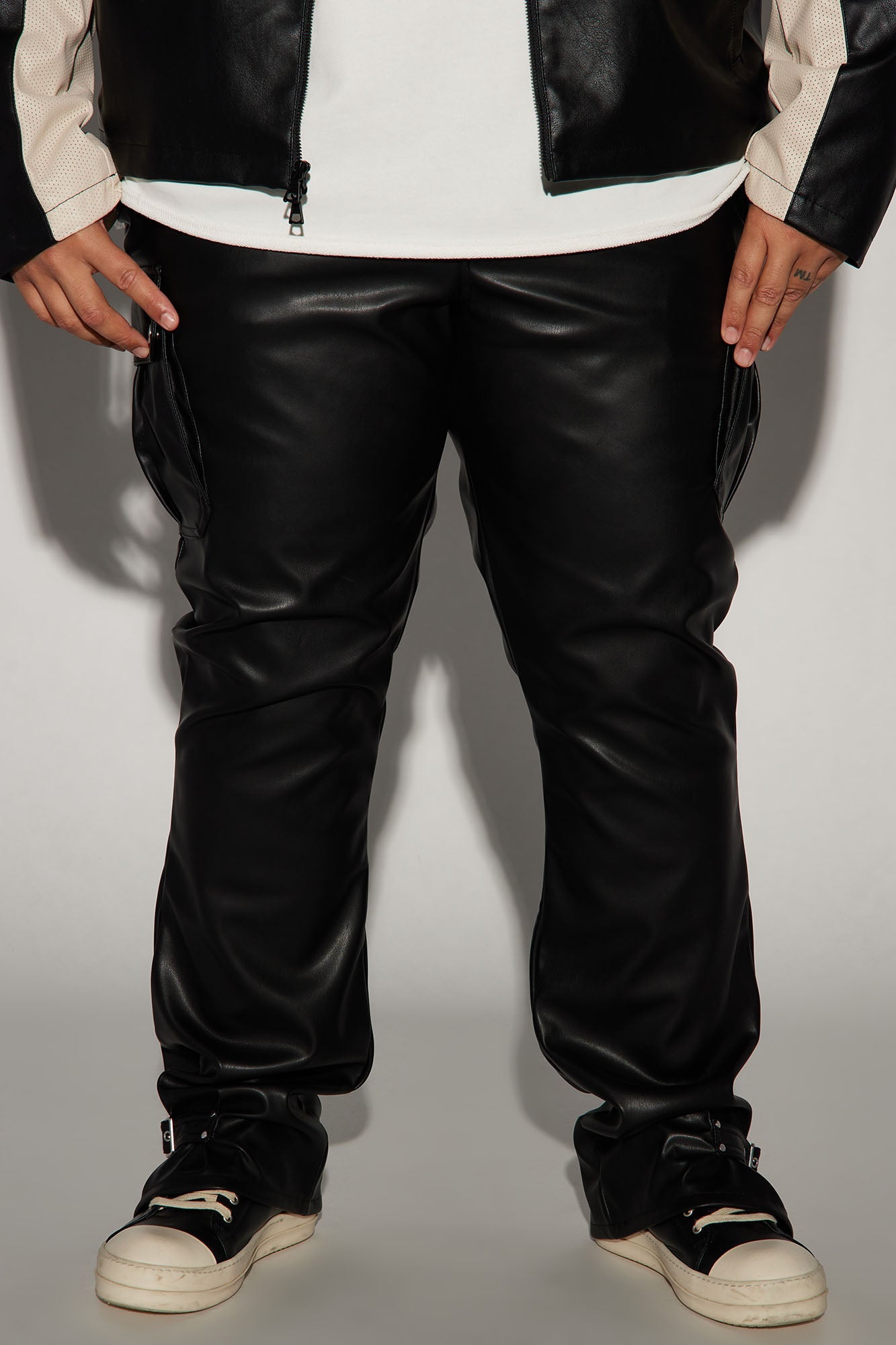 Brenner Faux Leather Stacked Slim Flare Pants - Black