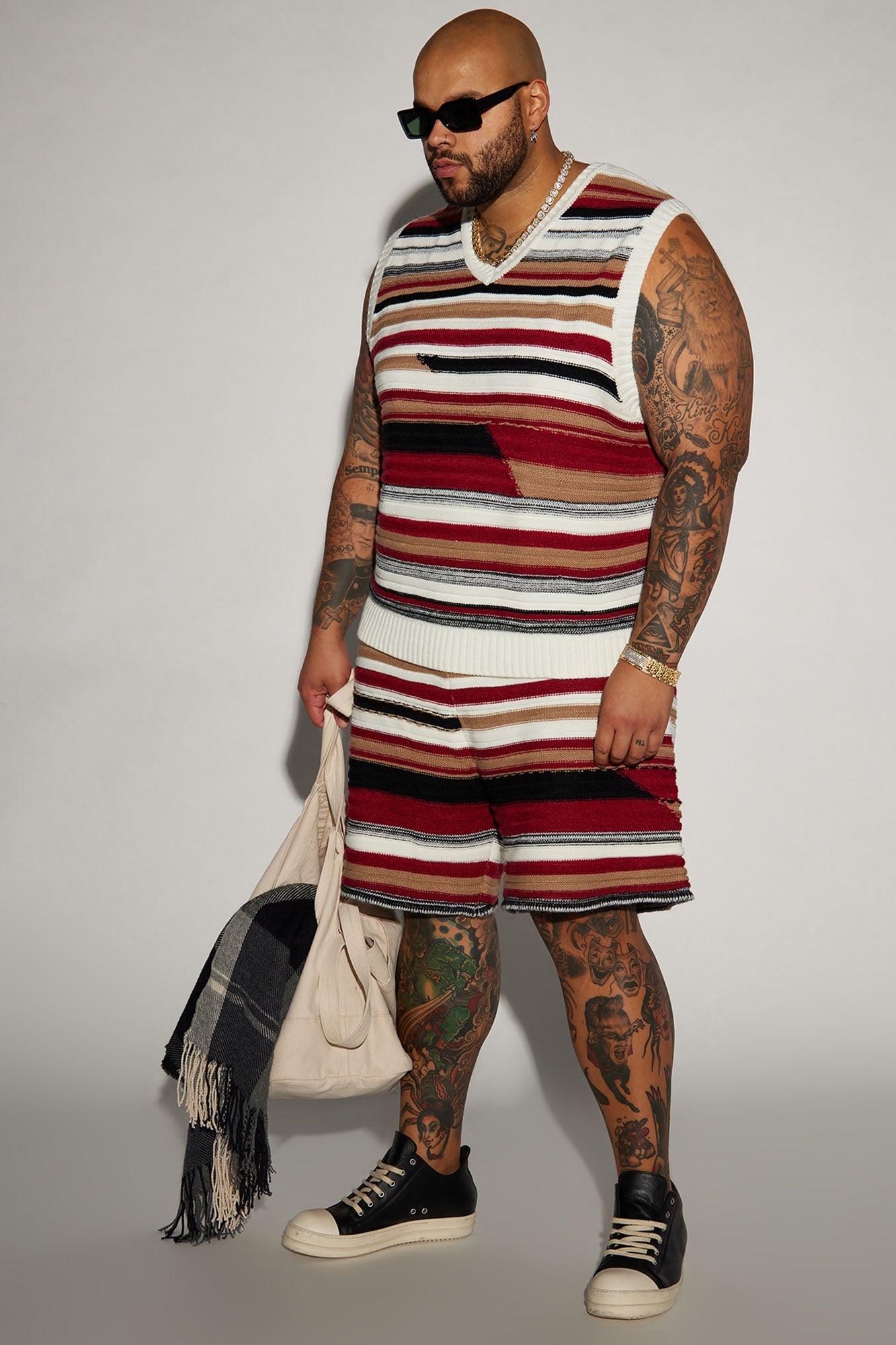 Striped Sweater Knit Shorts - Red/combo