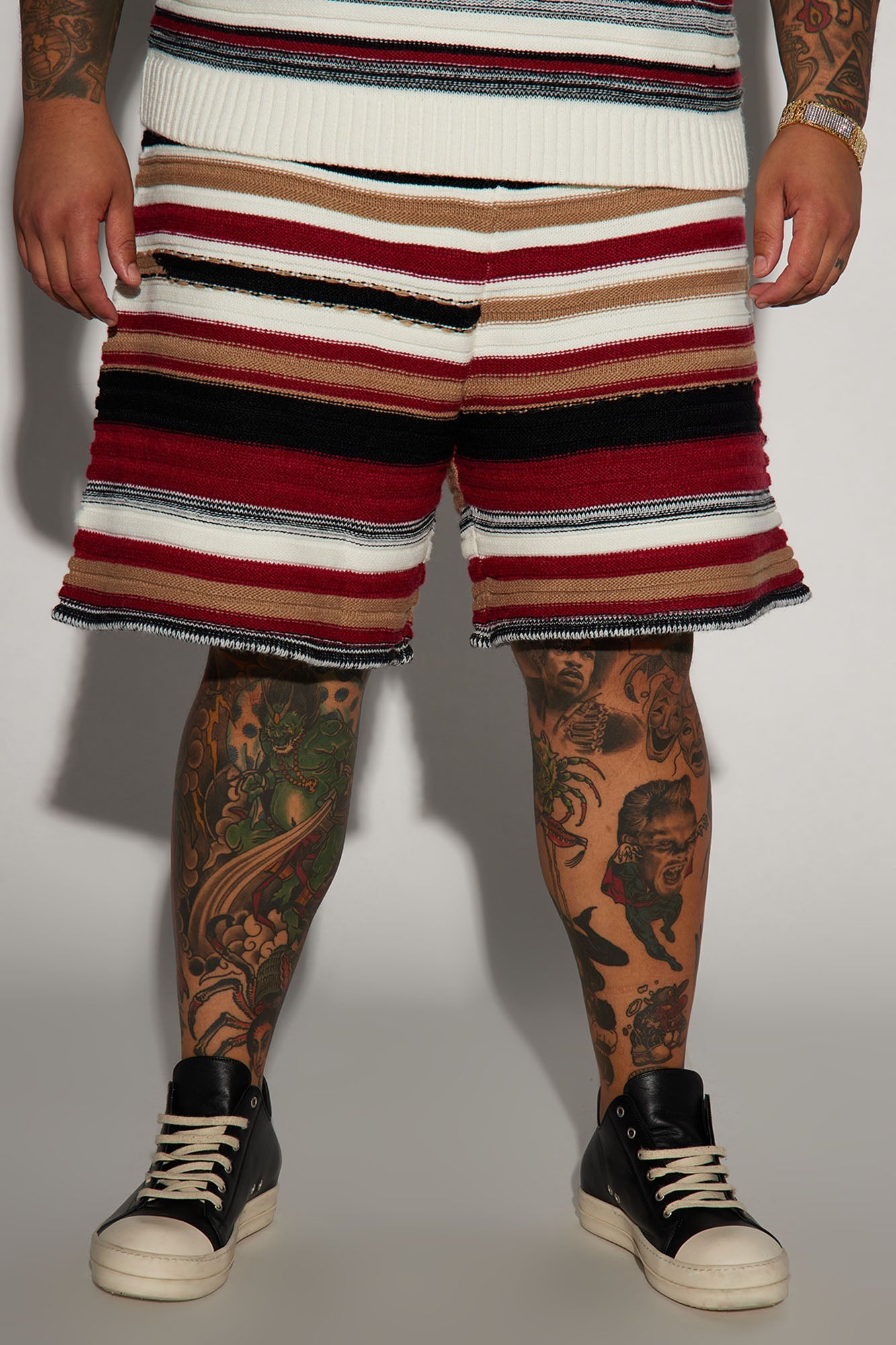 Striped Sweater Knit Shorts - Red/combo