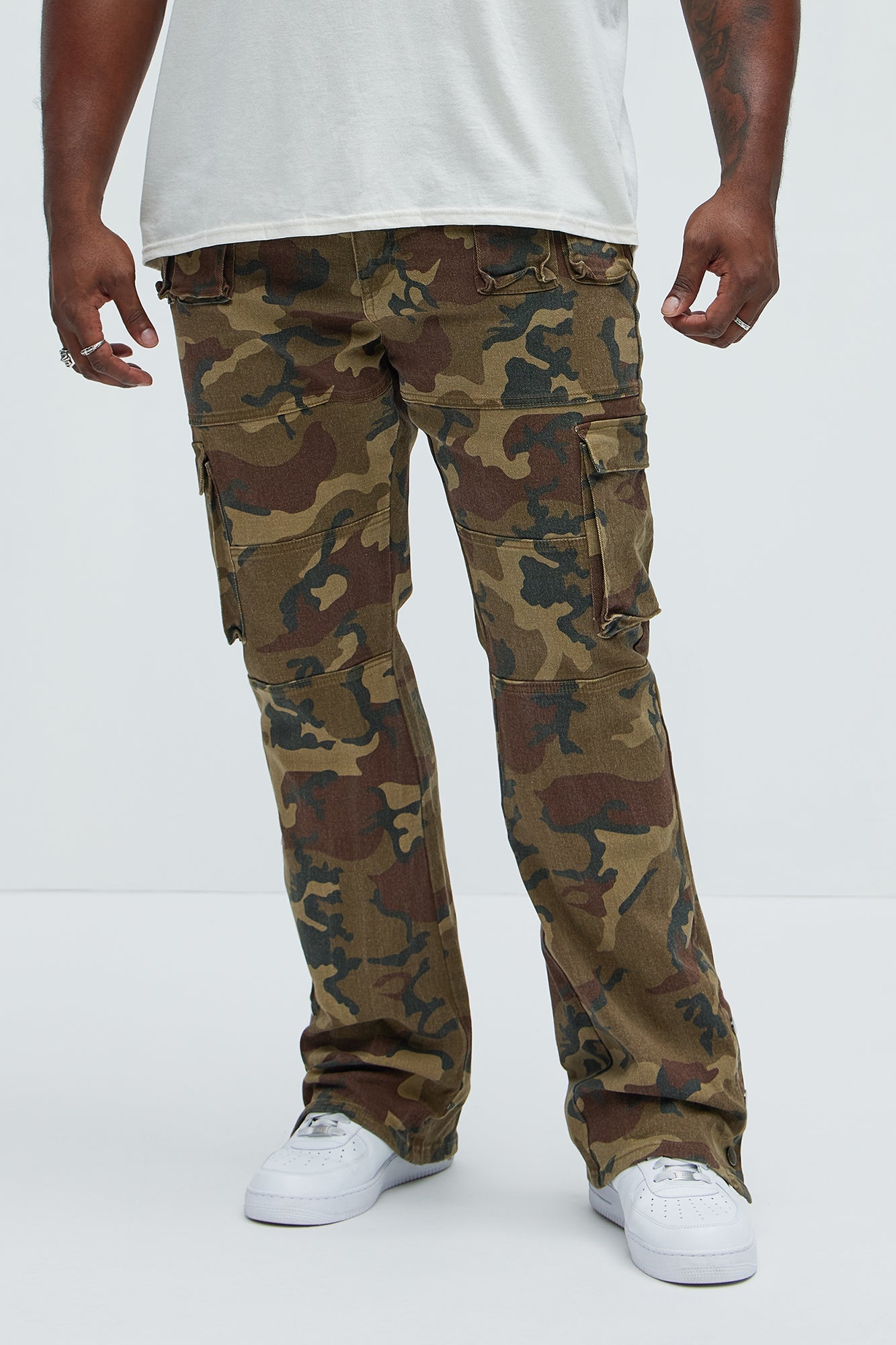 Snap At It Cargo Stacked Skinny Flare Pants - Camouflage