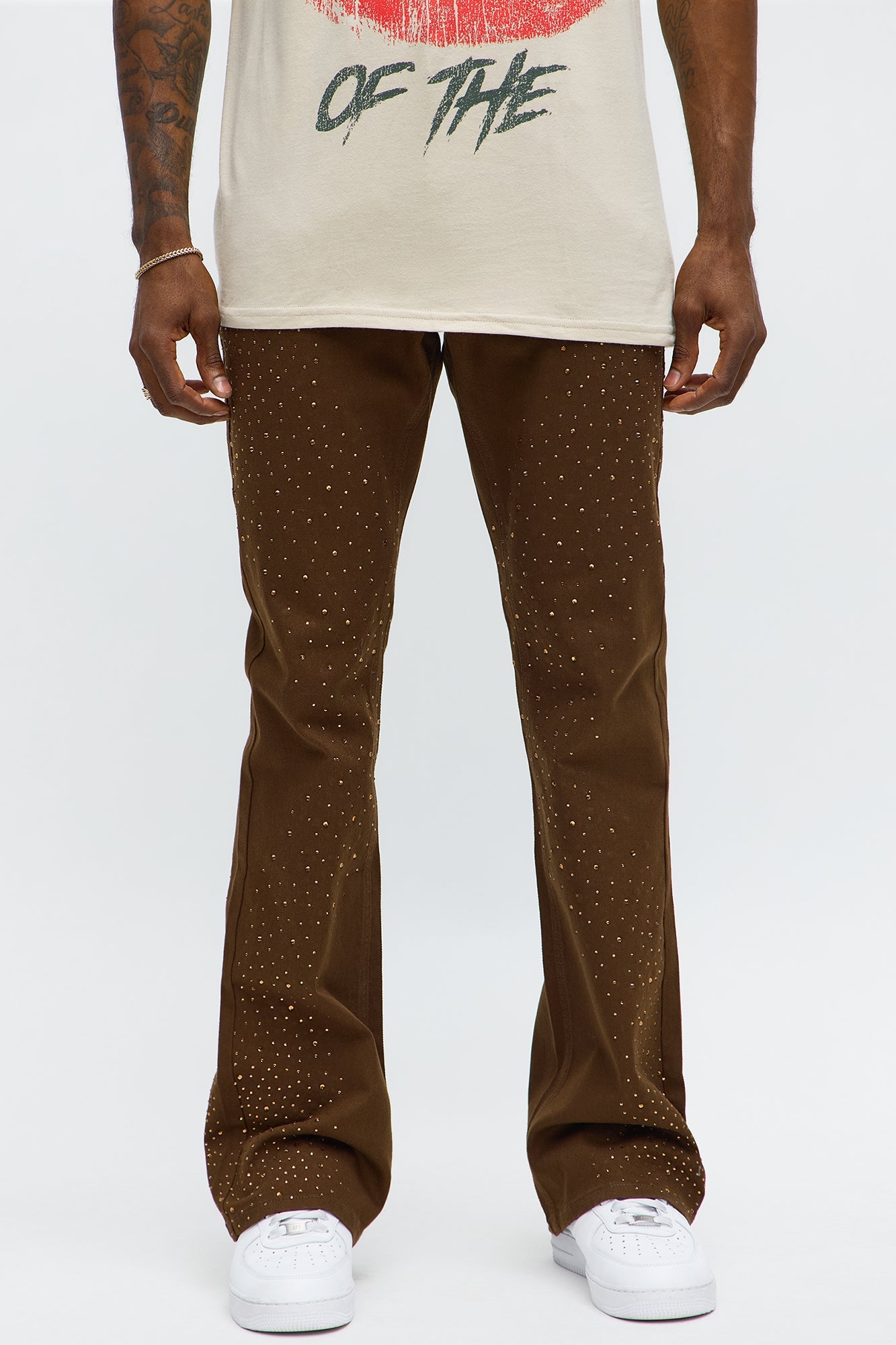 Stacked Skinny Flare Be Jeweled Up Pants - Brown