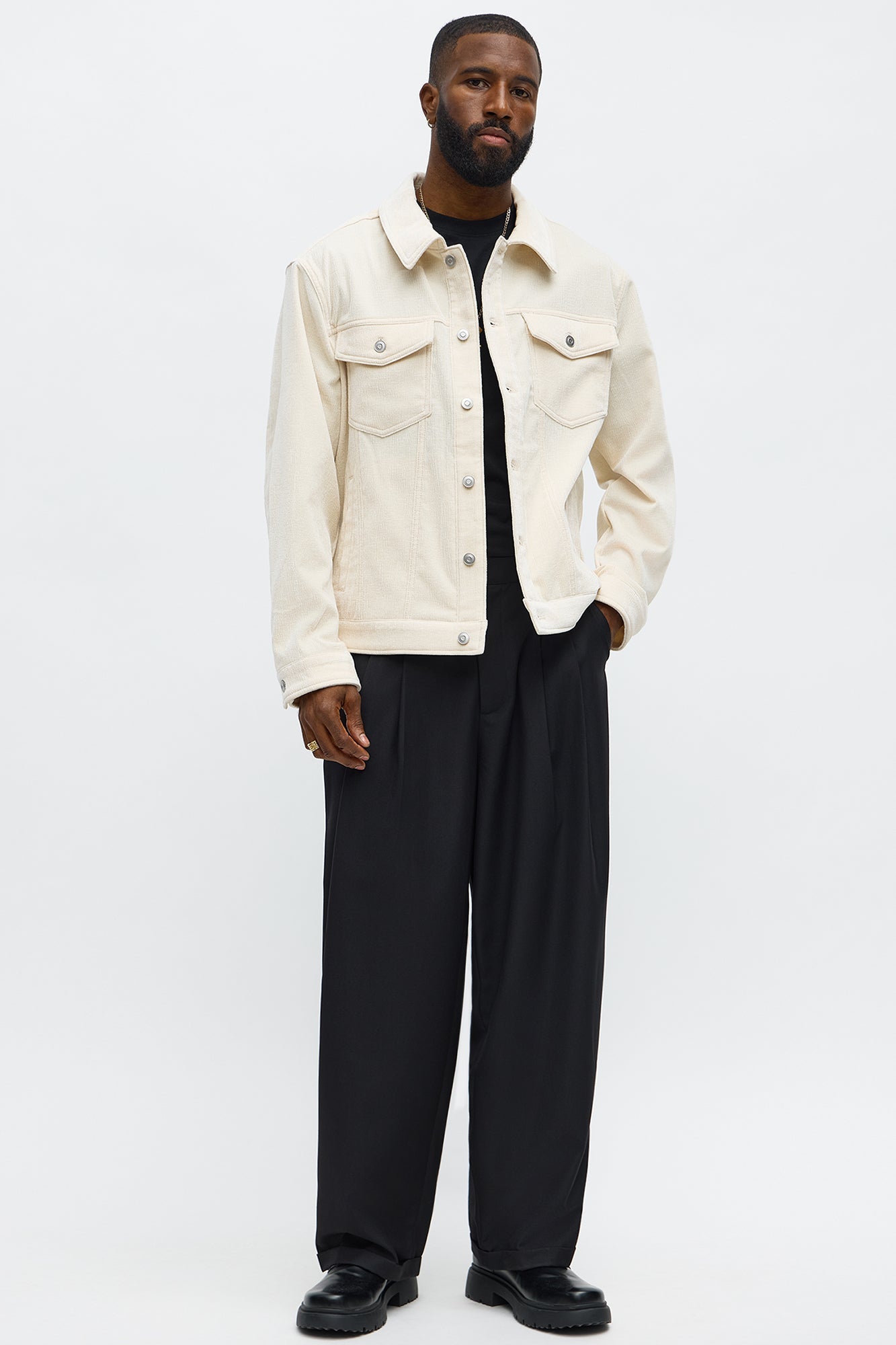 Textured Heathered Velvet Trucker Jacket - Cream