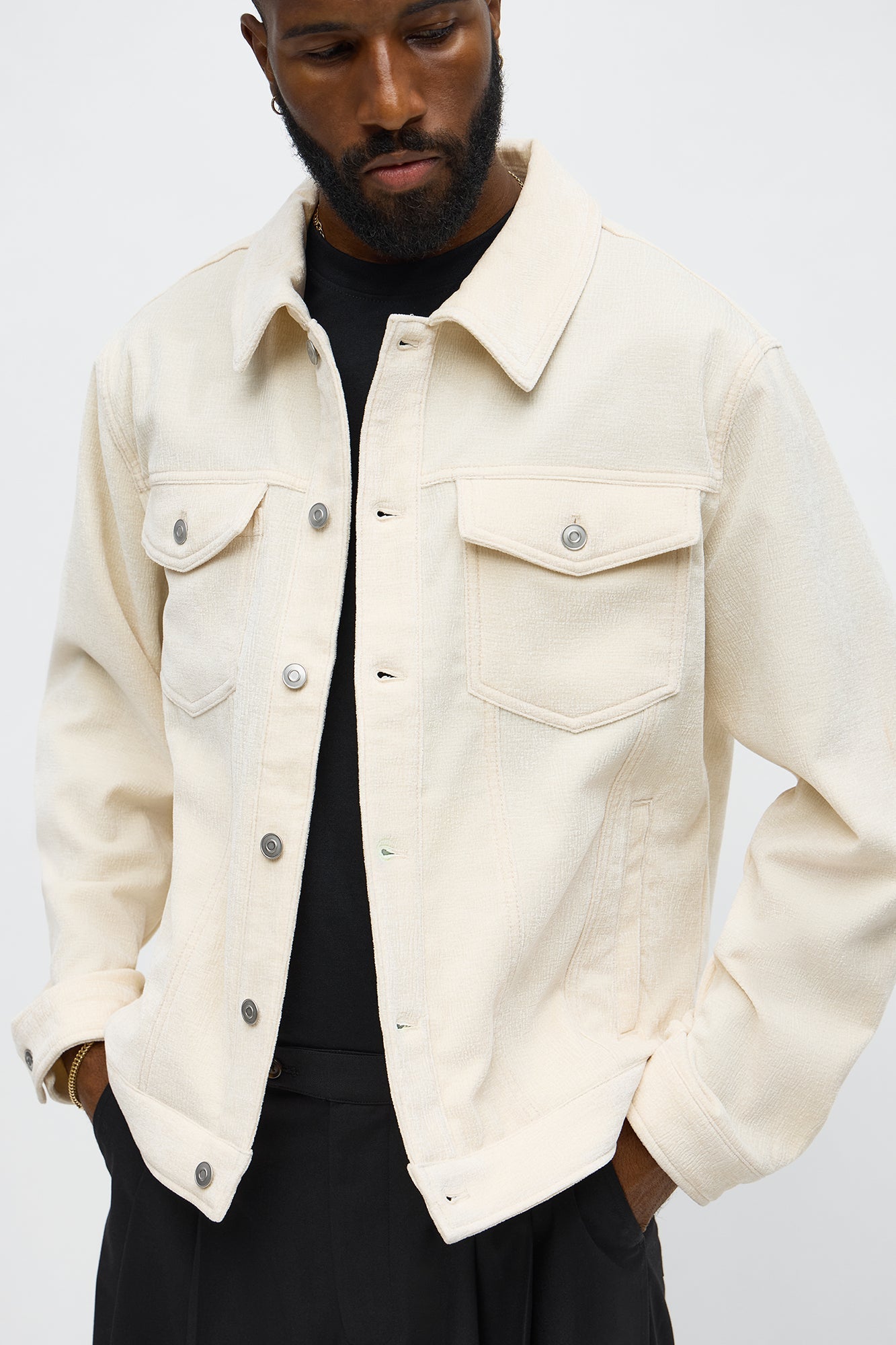 Textured Heathered Velvet Trucker Jacket - Cream