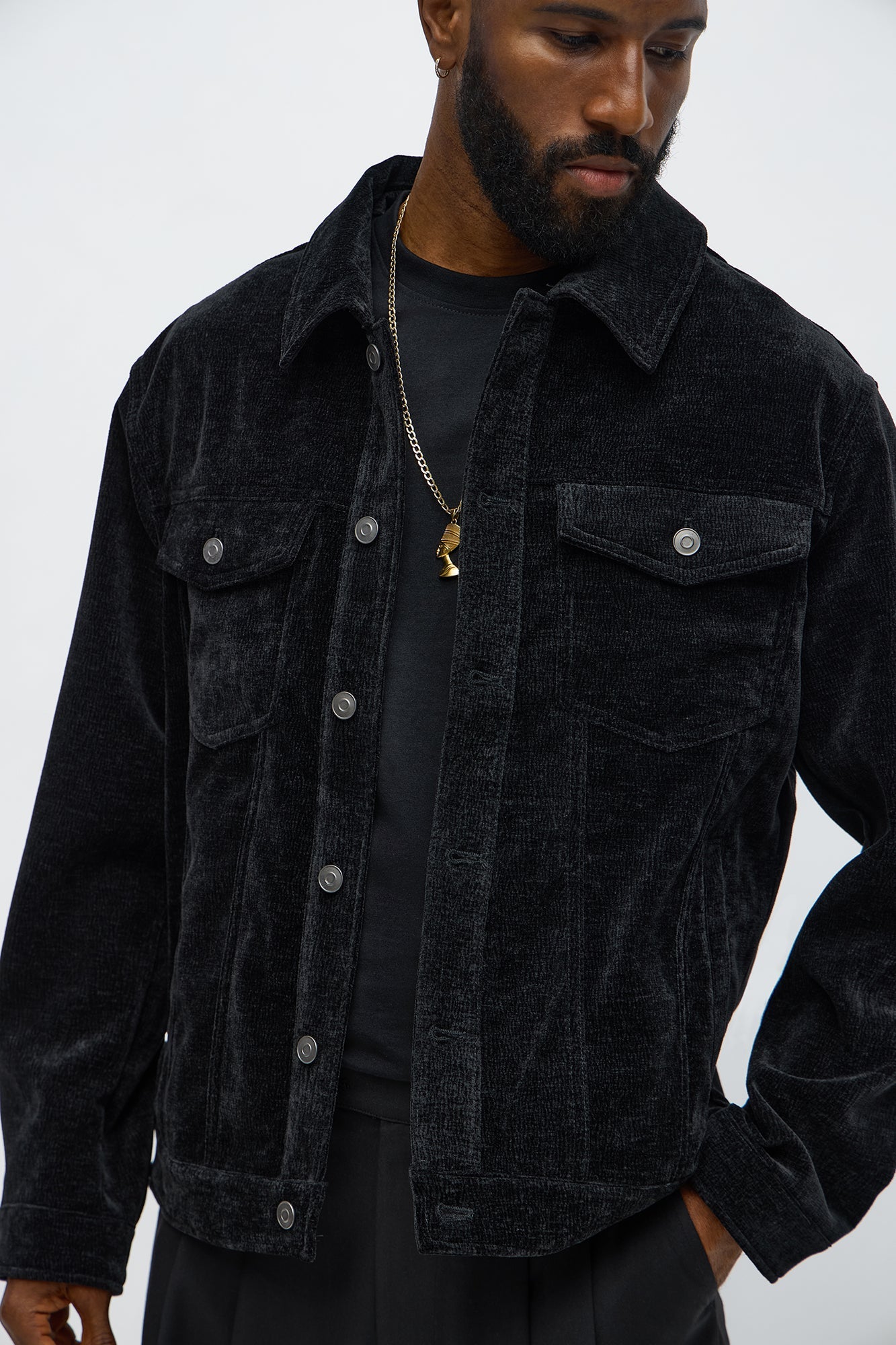 Textured Heathered Velvet Trucker Jacket - Black
