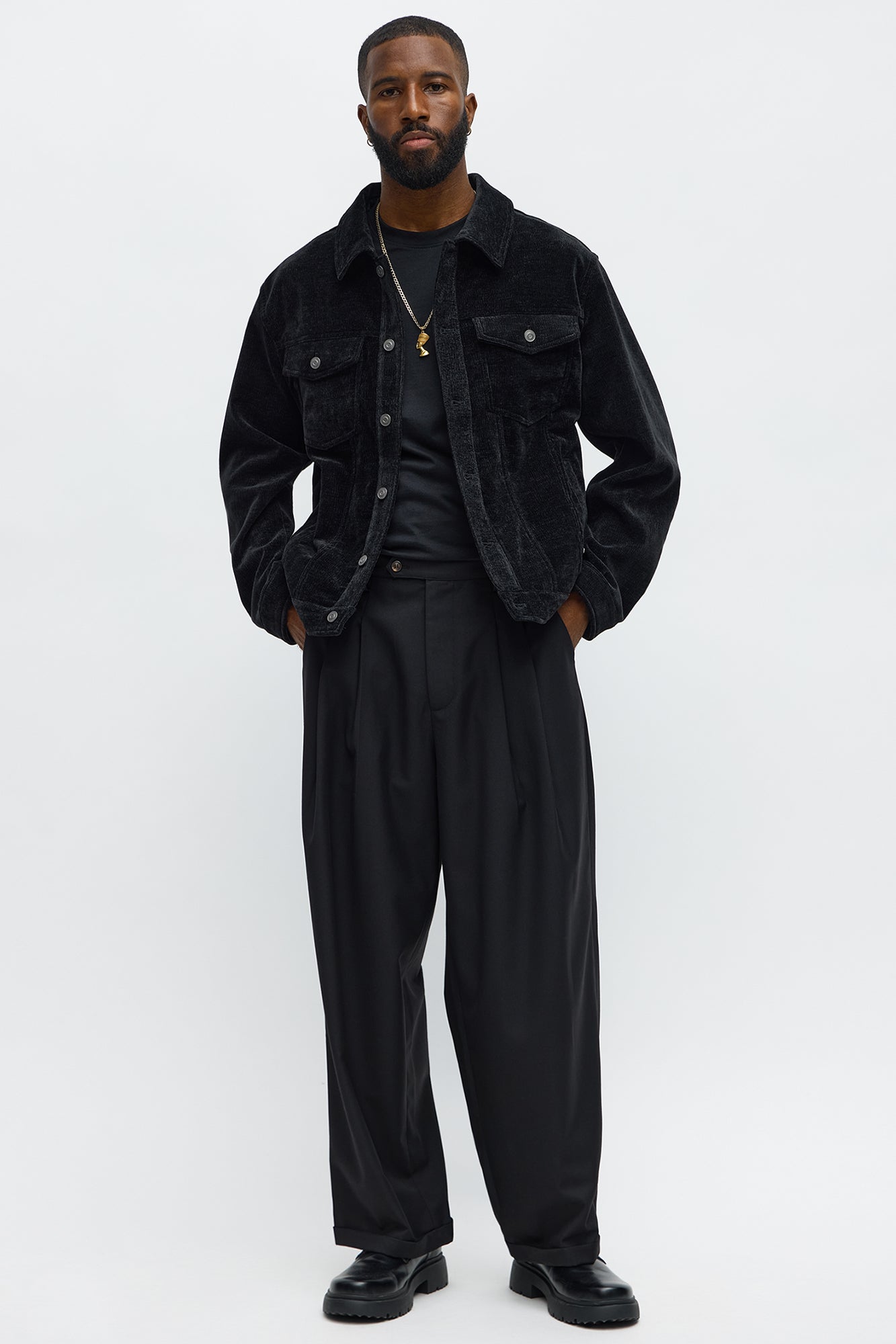 Textured Heathered Velvet Trucker Jacket - Black