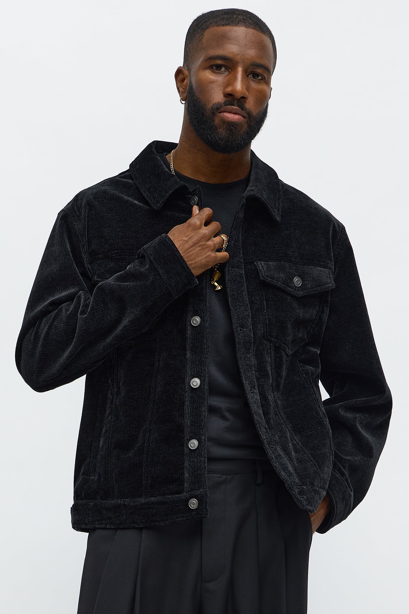 Textured Heathered Velvet Trucker Jacket - Black