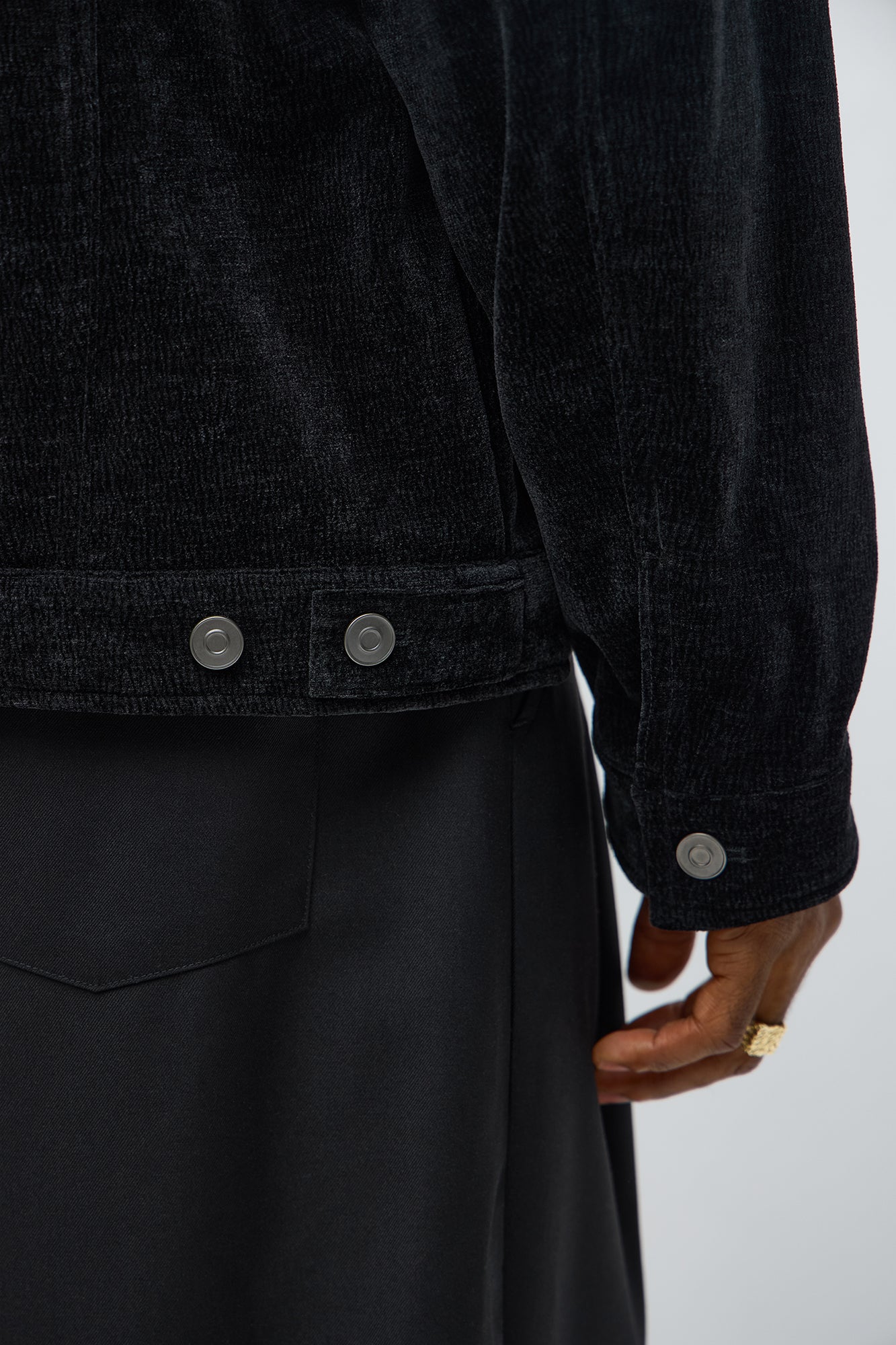 Textured Heathered Velvet Trucker Jacket - Black