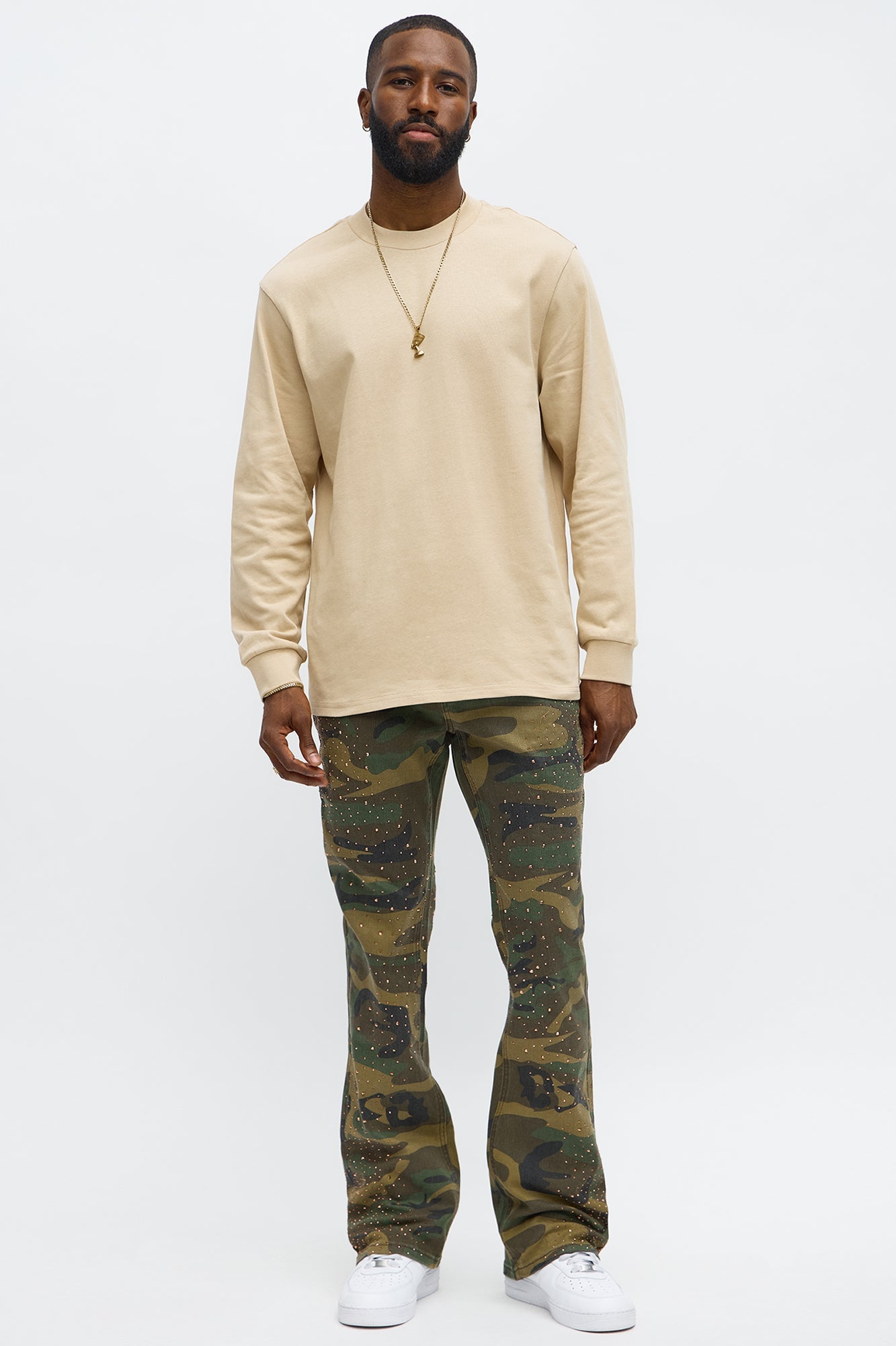 Stacked Skinny Flare Be Jeweled Camo Pants - Camouflage