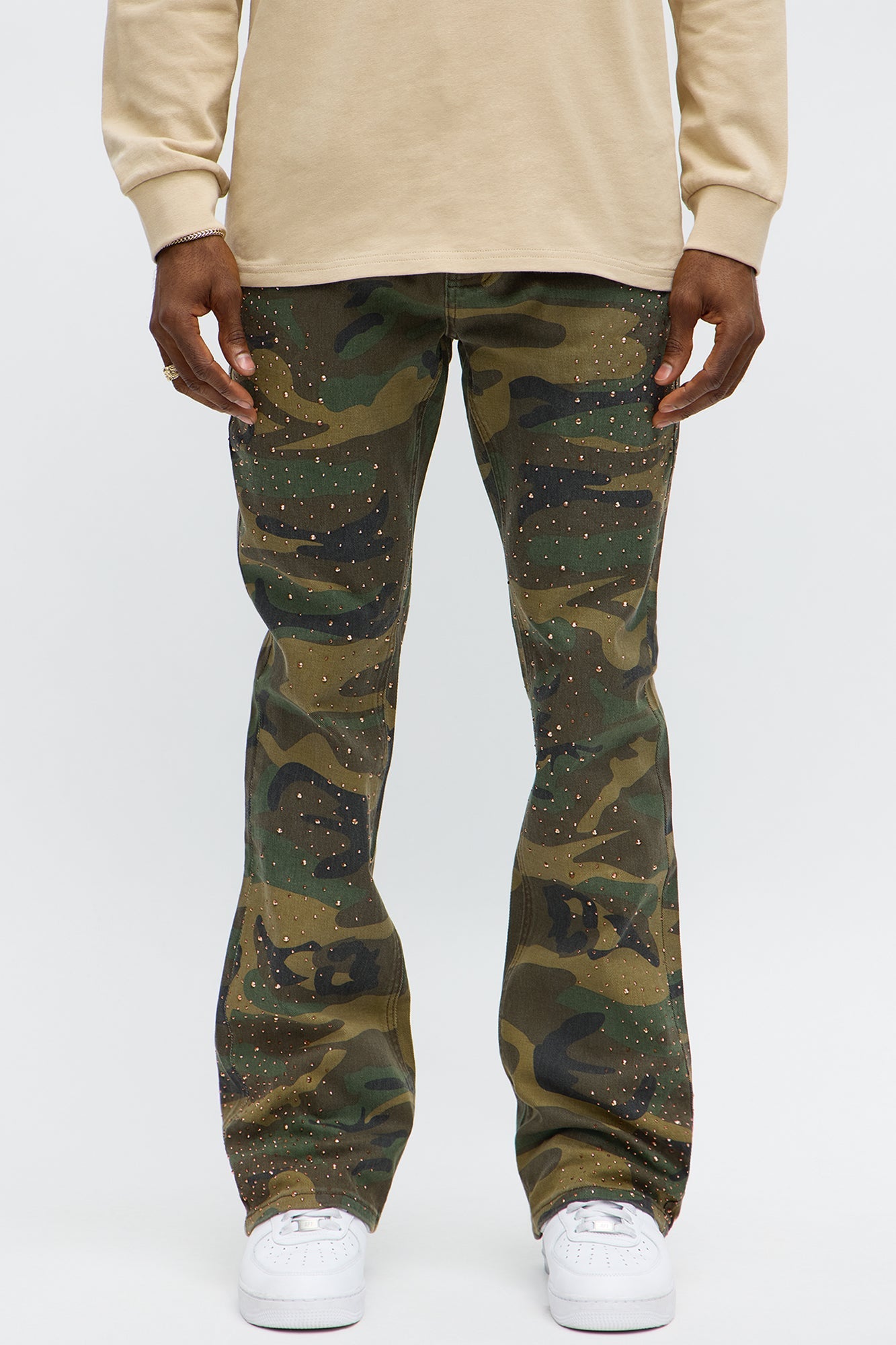 Stacked Skinny Flare Be Jeweled Camo Pants - Camouflage