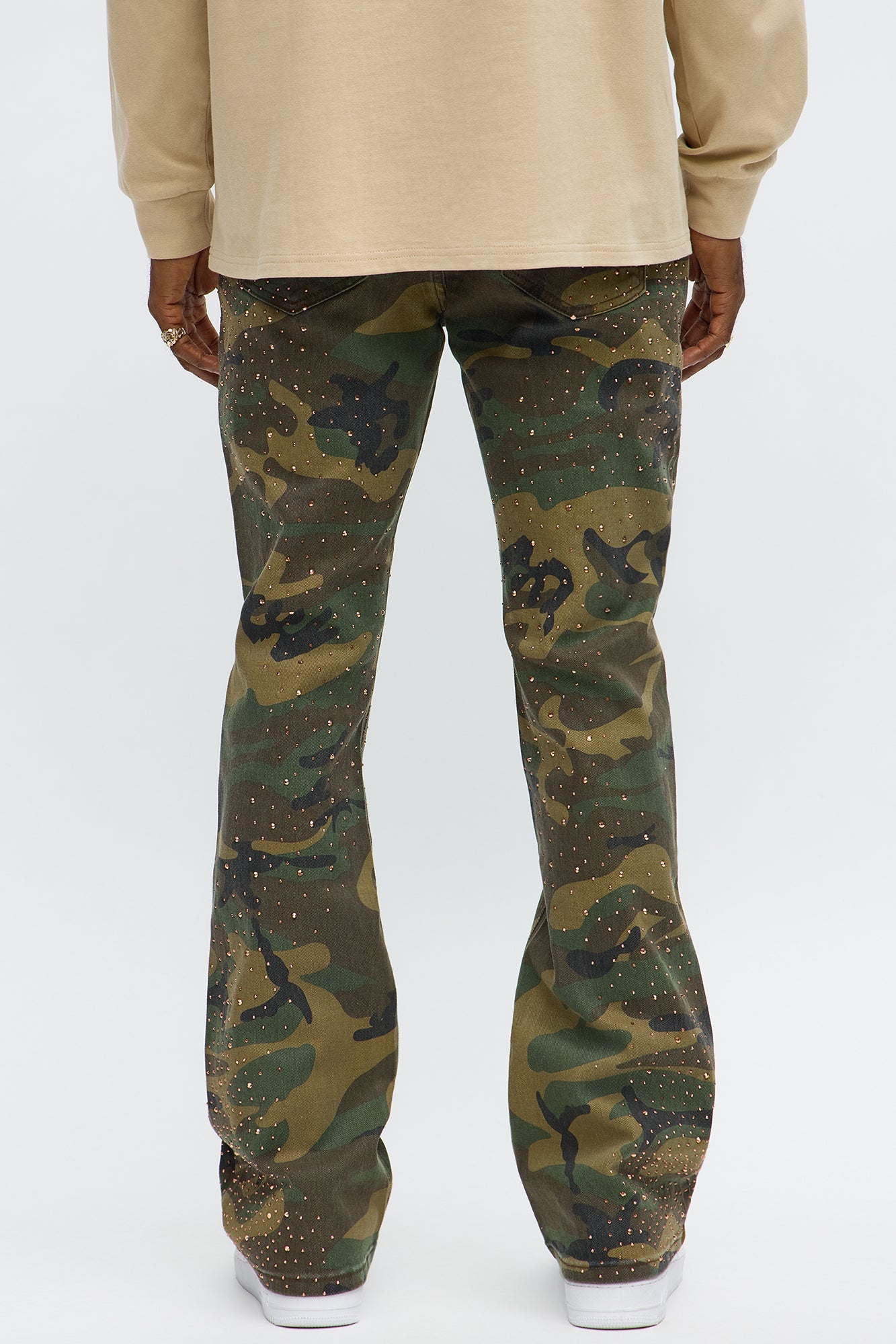 Stacked Skinny Flare Be Jeweled Camo Pants - Camouflage