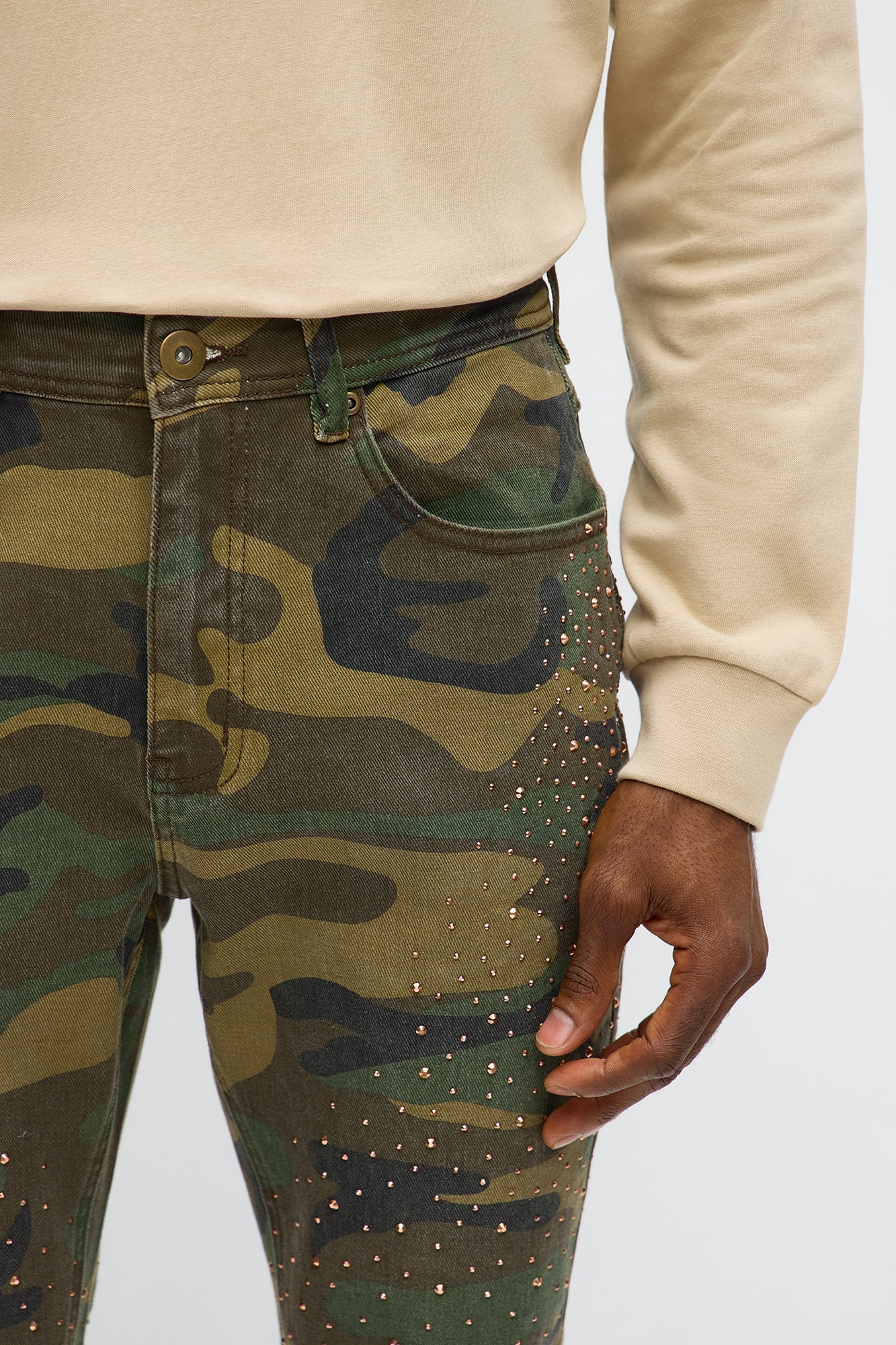 Stacked Skinny Flare Be Jeweled Camo Pants - Camouflage