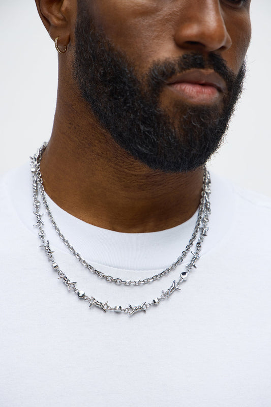 Stick Together Link And Twist Chain Necklace Set - Silver