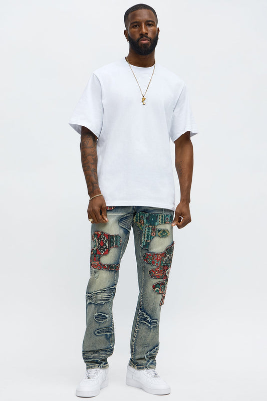 Slim Patched Tapestry Distressed Jeans - Vintage Blue Wash