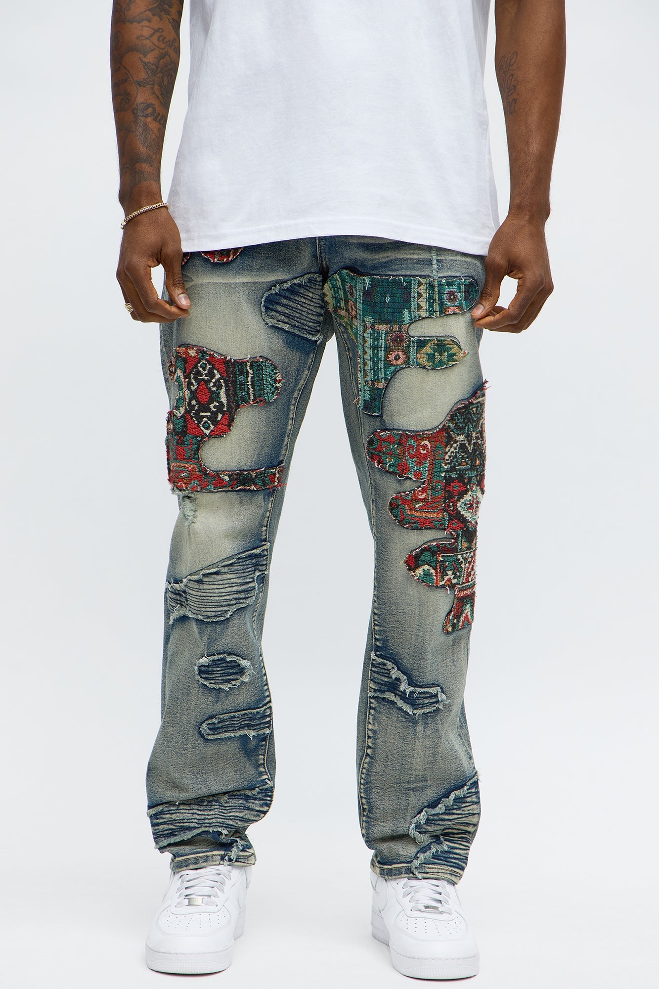 Slim Patched Tapestry Distressed Jeans - Vintage Blue Wash