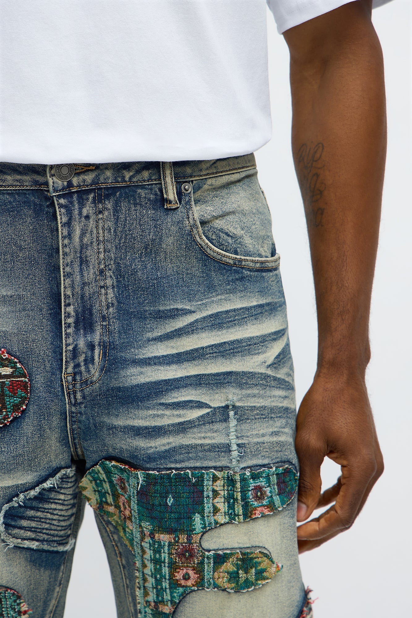 Slim Patched Tapestry Distressed Jeans - Vintage Blue Wash