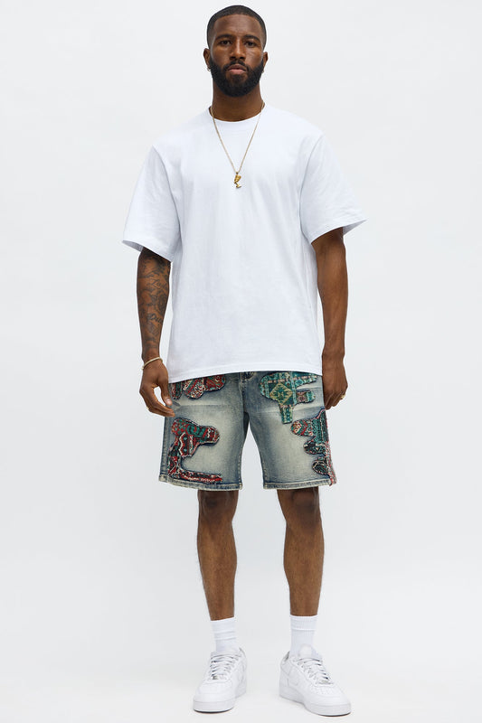 Relaxed Patched Tapestry Denim Shorts - Vintage Blue Wash