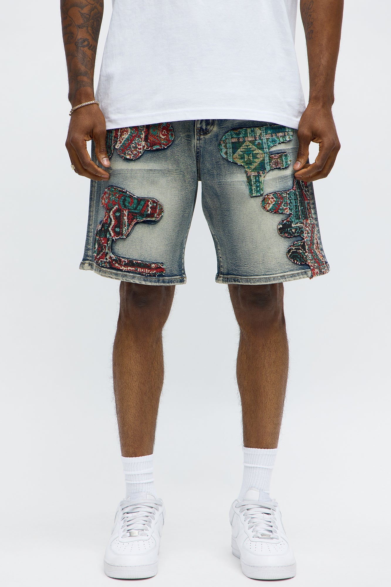 Relaxed Patched Tapestry Denim Shorts - Vintage Blue Wash