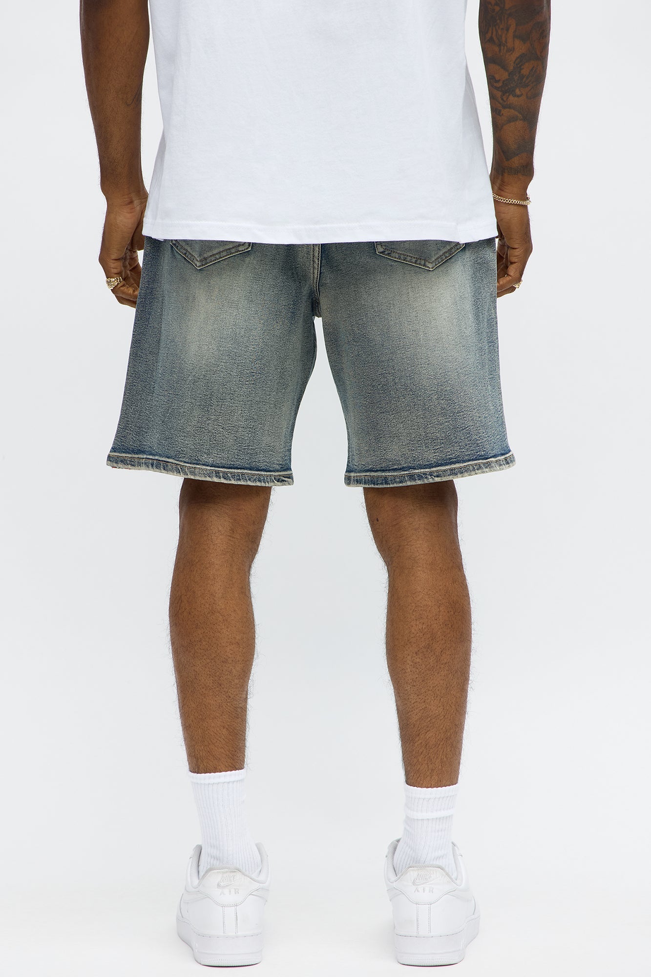 Relaxed Patched Tapestry Denim Shorts - Vintage Blue Wash