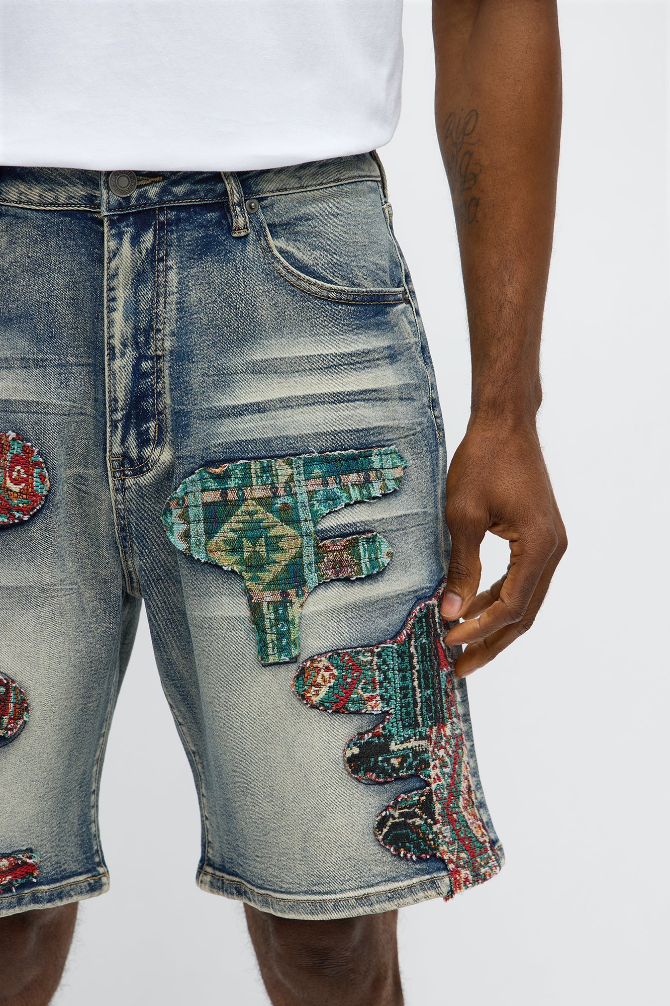 Relaxed Patched Tapestry Denim Shorts - Vintage Blue Wash