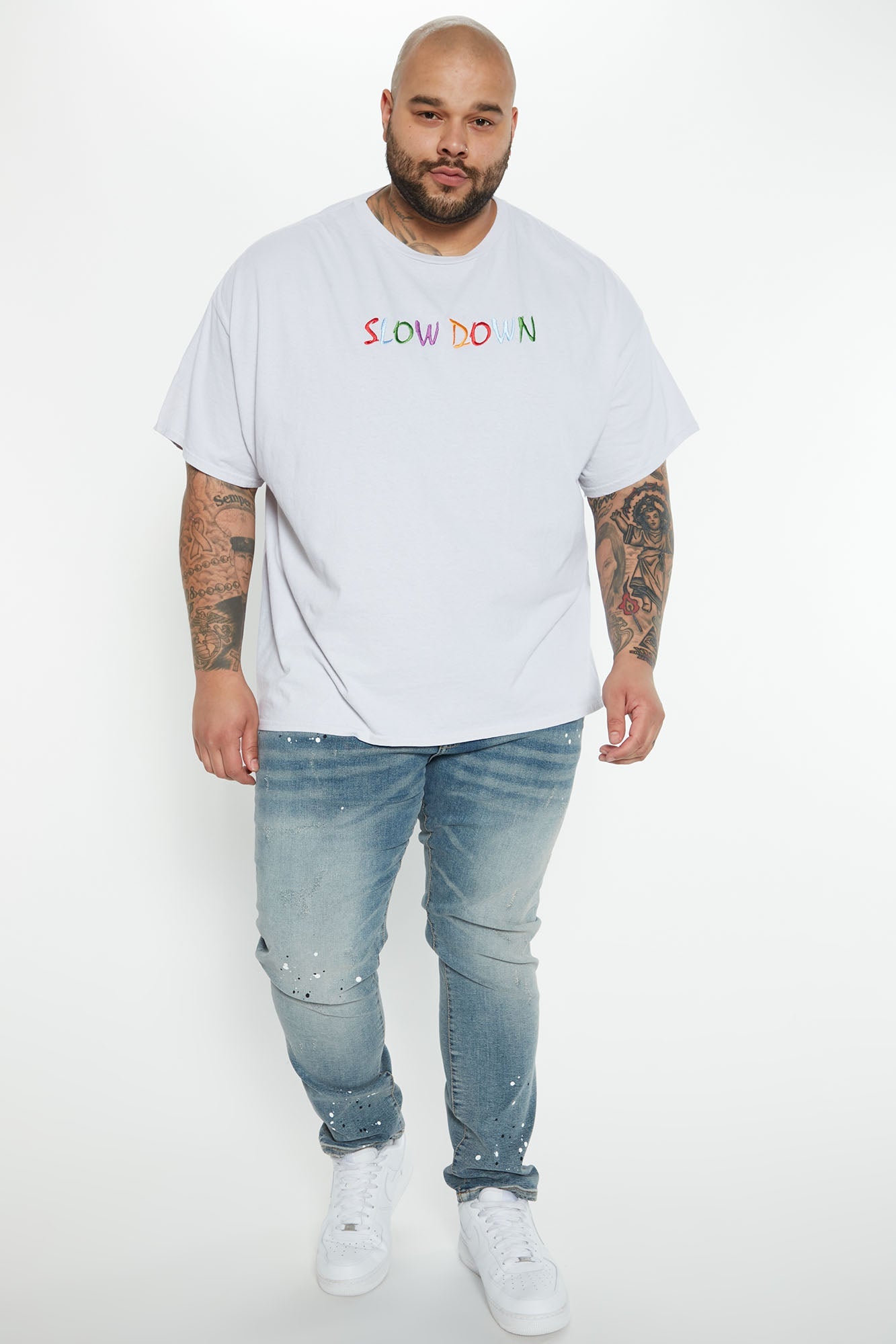 Ripped And Bleach Splatter Slim Jeans - Light Blue Wash