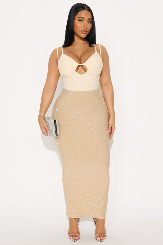 Late To The Party Rhinestone Bandage Maxi Skirt - Taupe