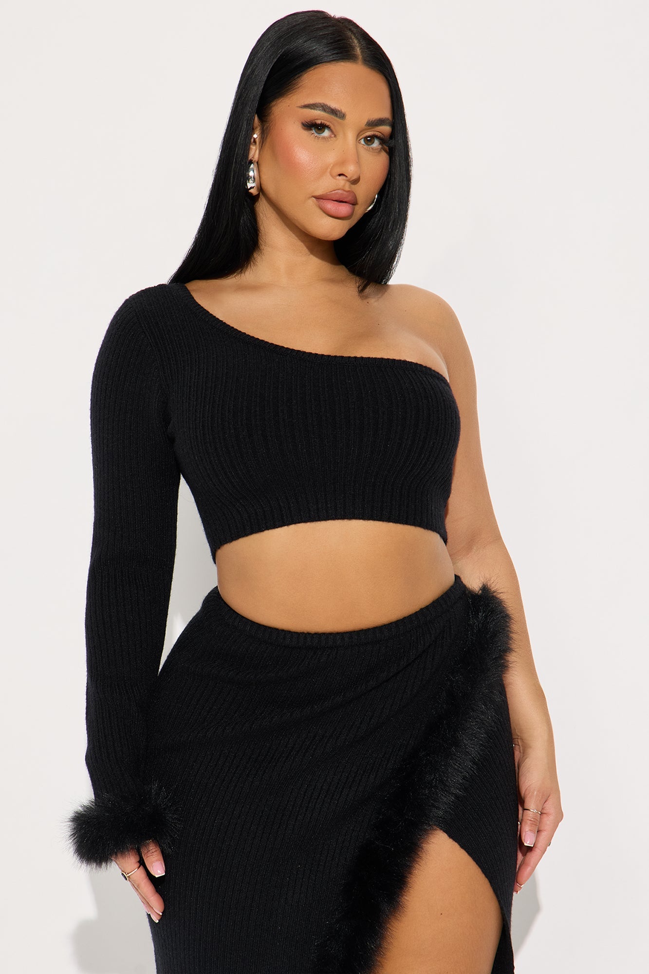 Forever Loyal Fur Trim Sweater Maxi Skirt Set - Black