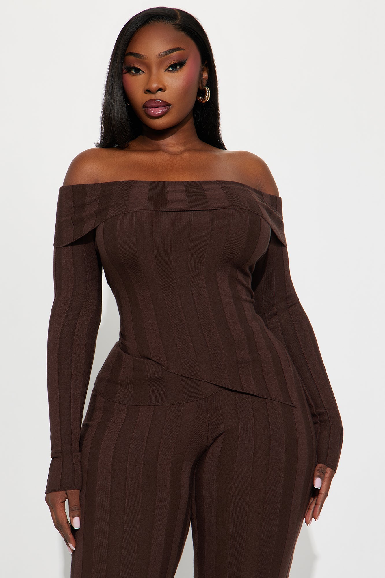 Vivien Off Shoulder Sweater Pant Set - Chocolate
