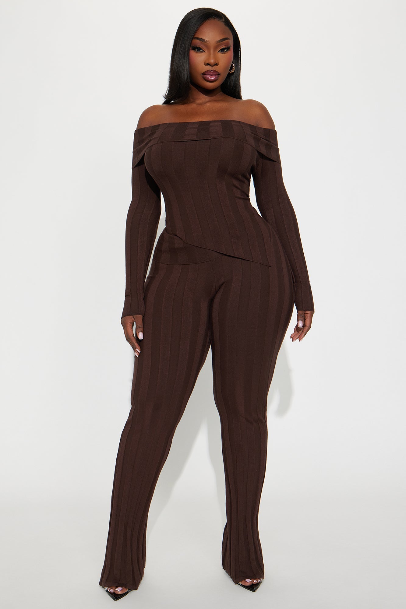 Vivien Off Shoulder Sweater Pant Set - Chocolate