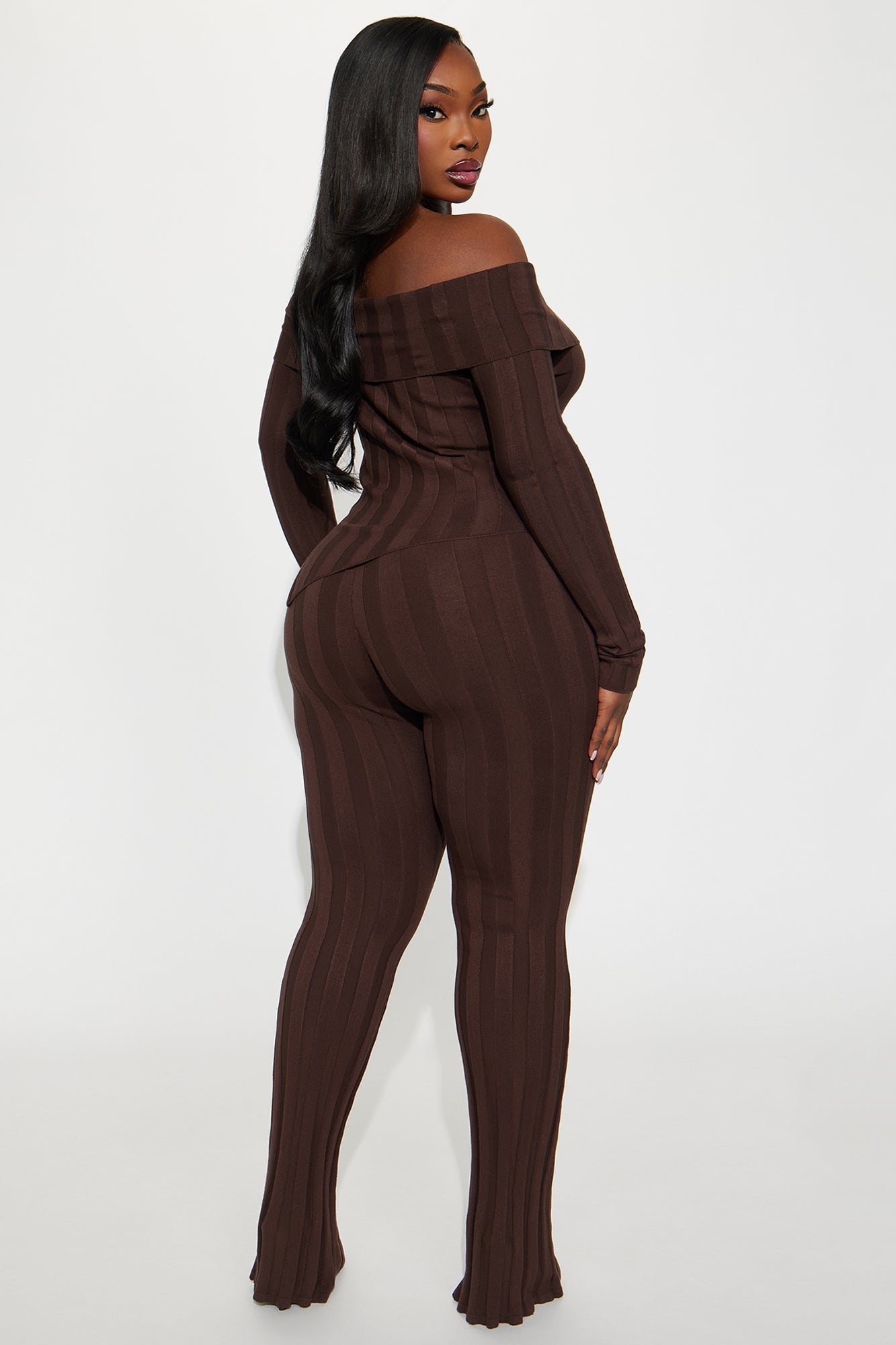 Vivien Off Shoulder Sweater Pant Set - Chocolate