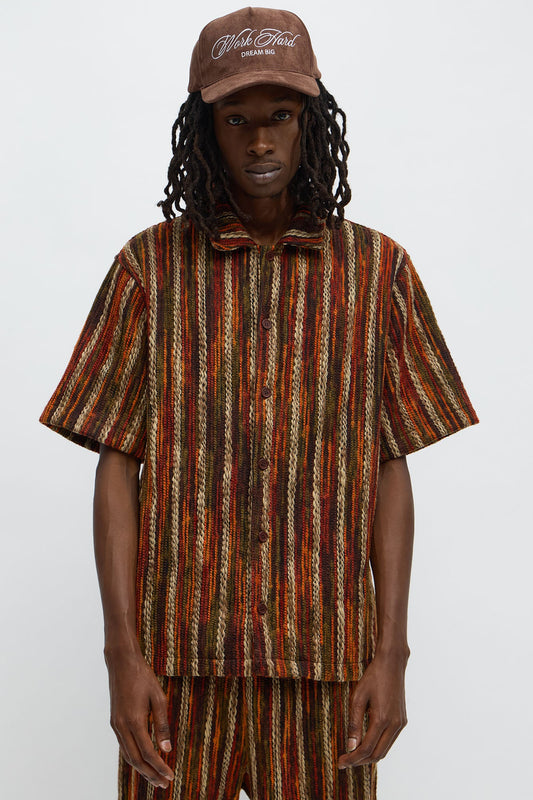 Melange Yarn Closed Closed Collar Short Sleeve Shirt - Brown/combo