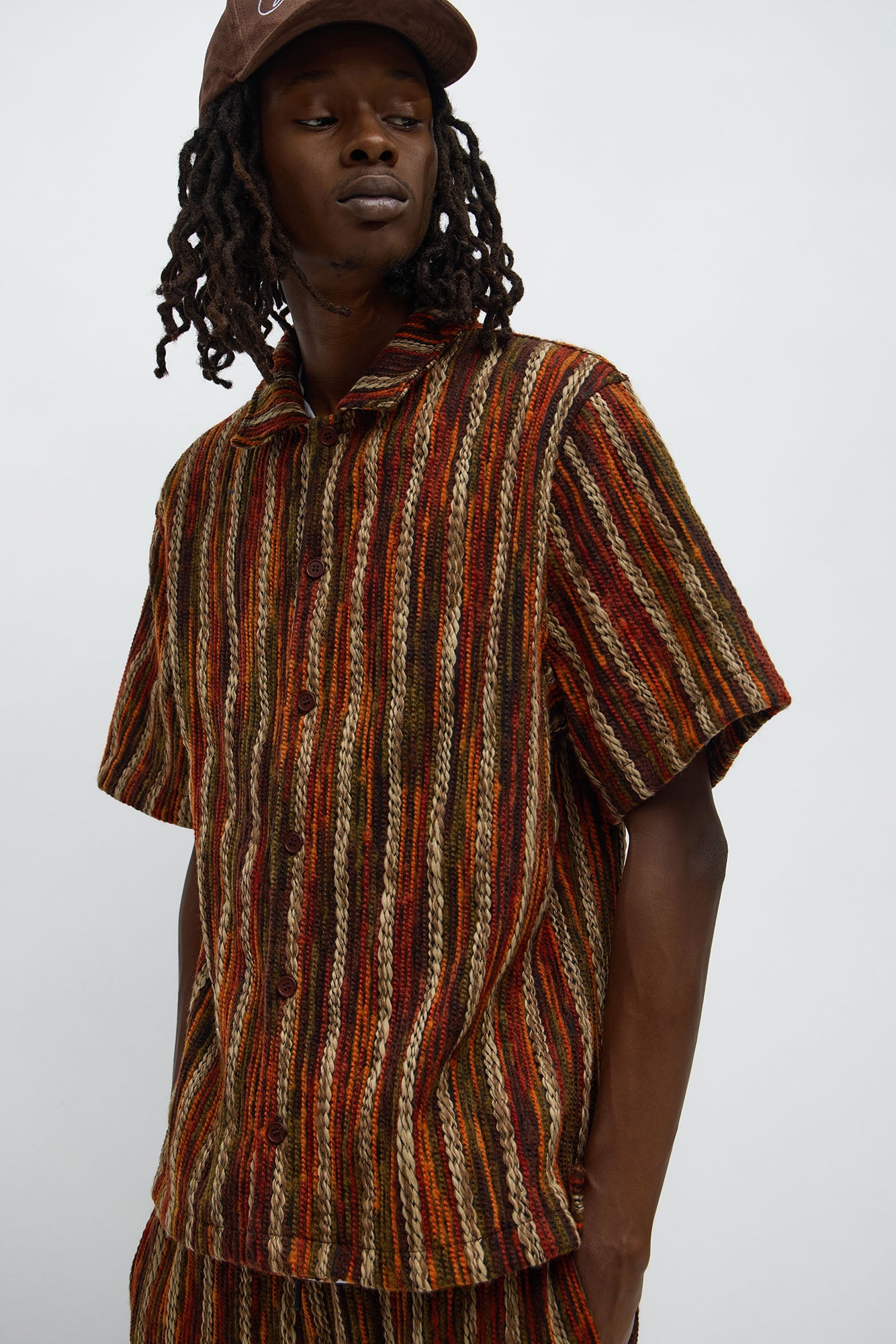 Melange Yarn Closed Closed Collar Short Sleeve Shirt - Brown/combo