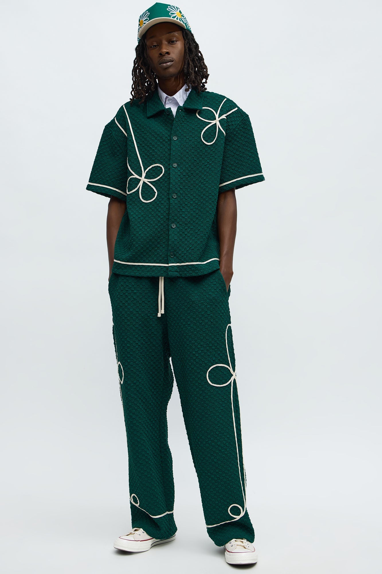 Boxy Soho Weave Applique Textured Button Up Shirt - Hunter Green