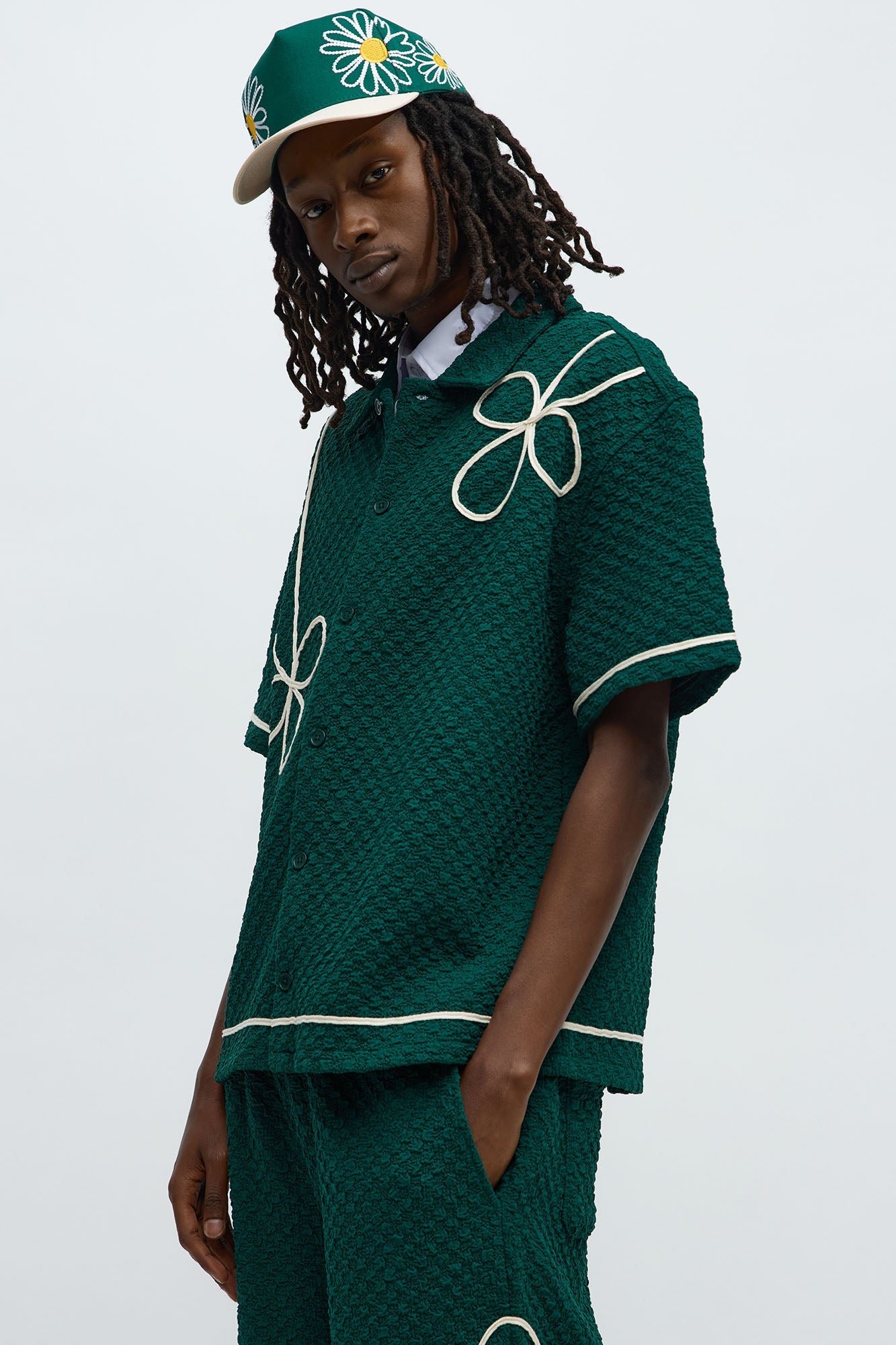 Boxy Soho Weave Applique Textured Button Up Shirt - Hunter Green