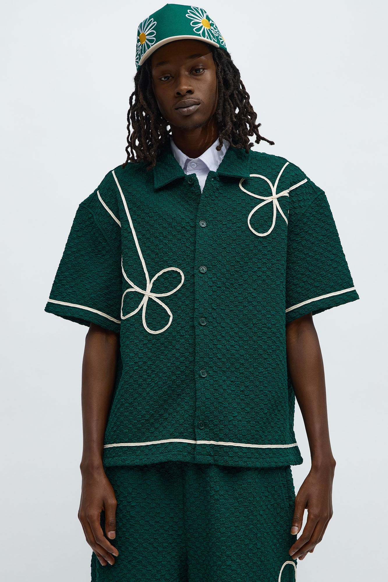 Boxy Soho Weave Applique Textured Button Up Shirt - Hunter Green