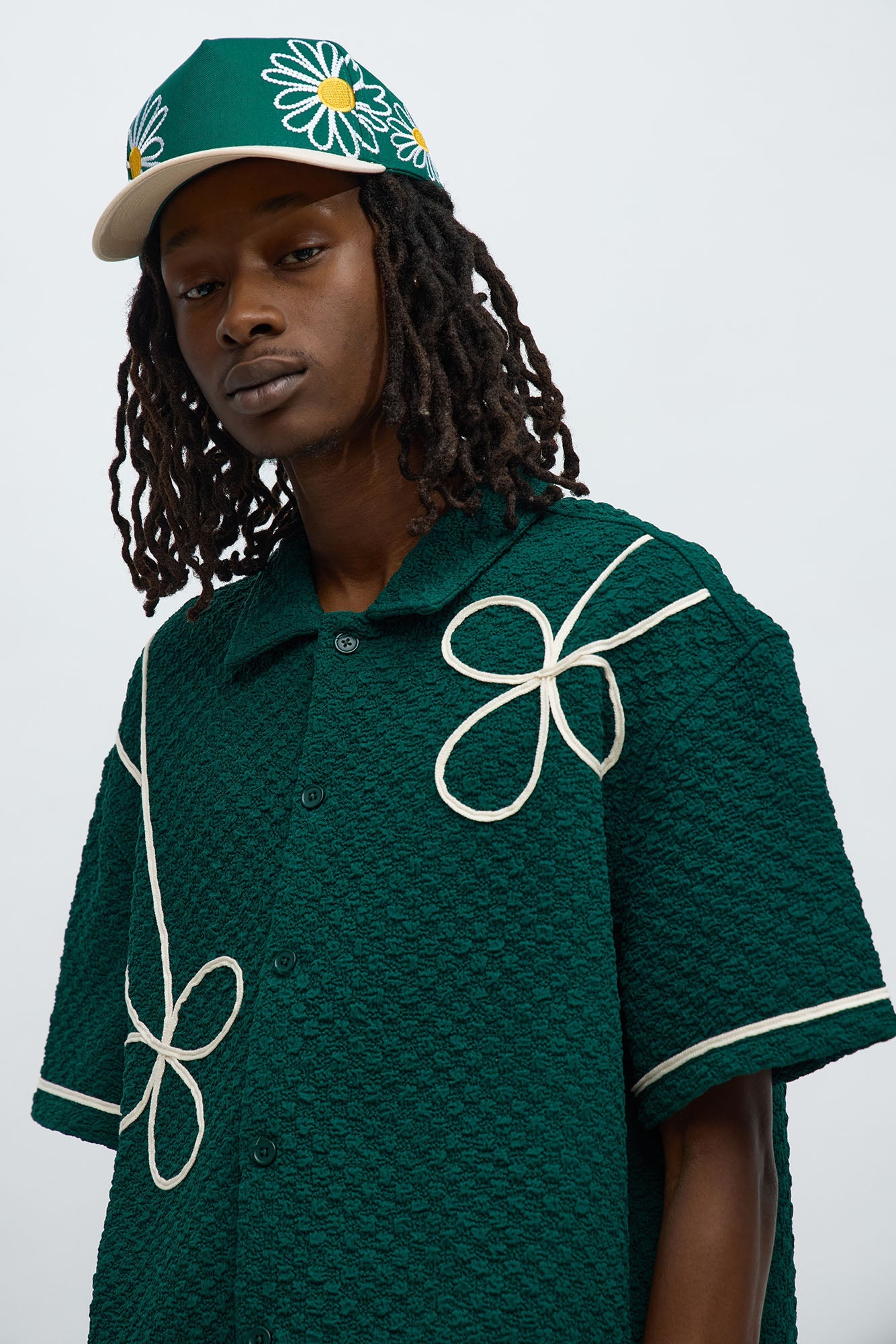 Boxy Soho Weave Applique Textured Button Up Shirt - Hunter Green