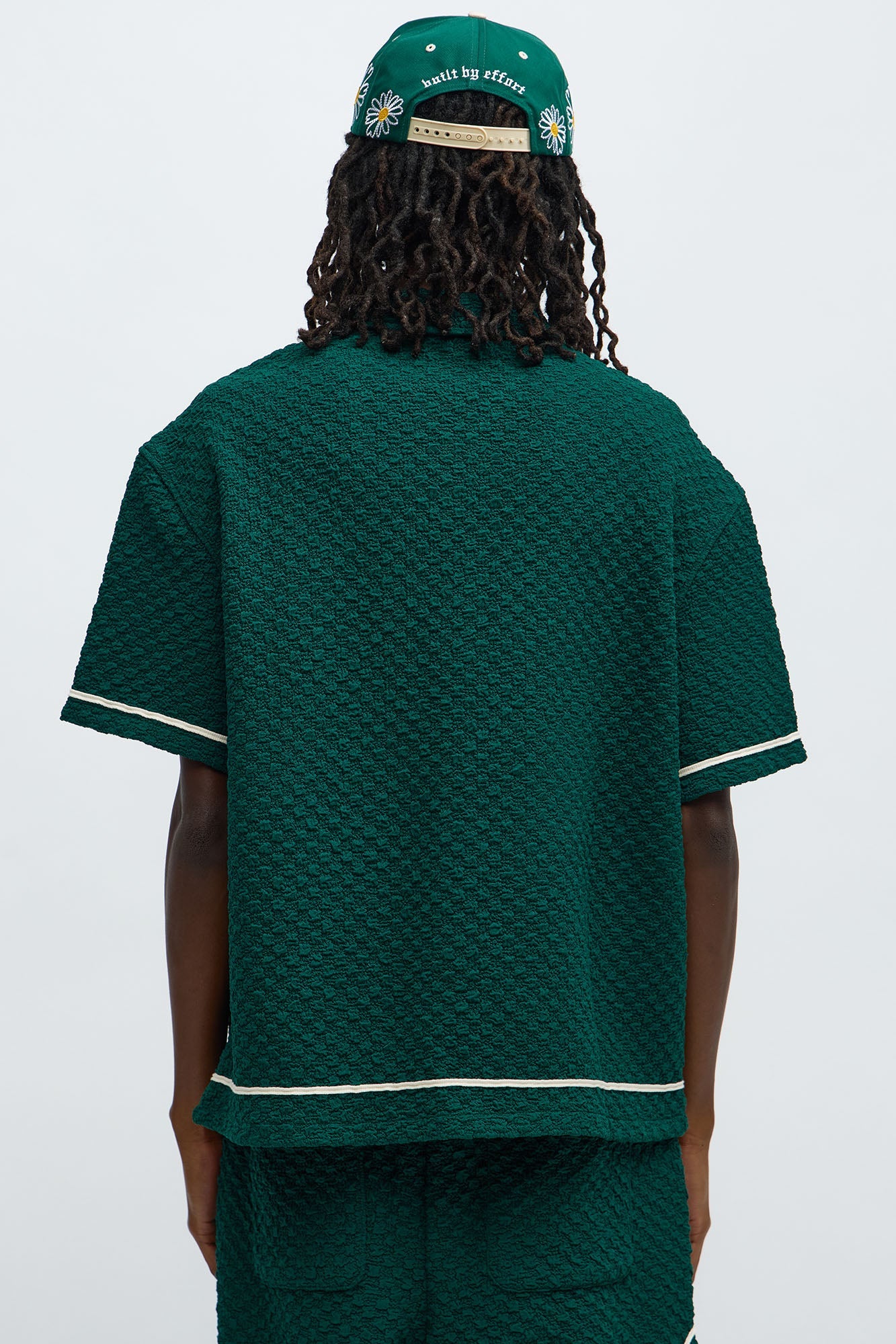 Boxy Soho Weave Applique Textured Button Up Shirt - Hunter Green