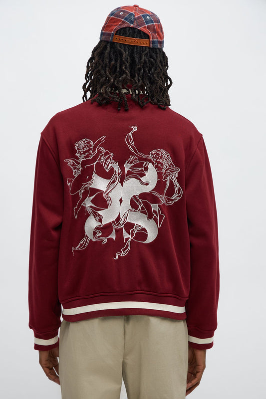 Embroidered Angels Above Varsity Jacket - Burgundy