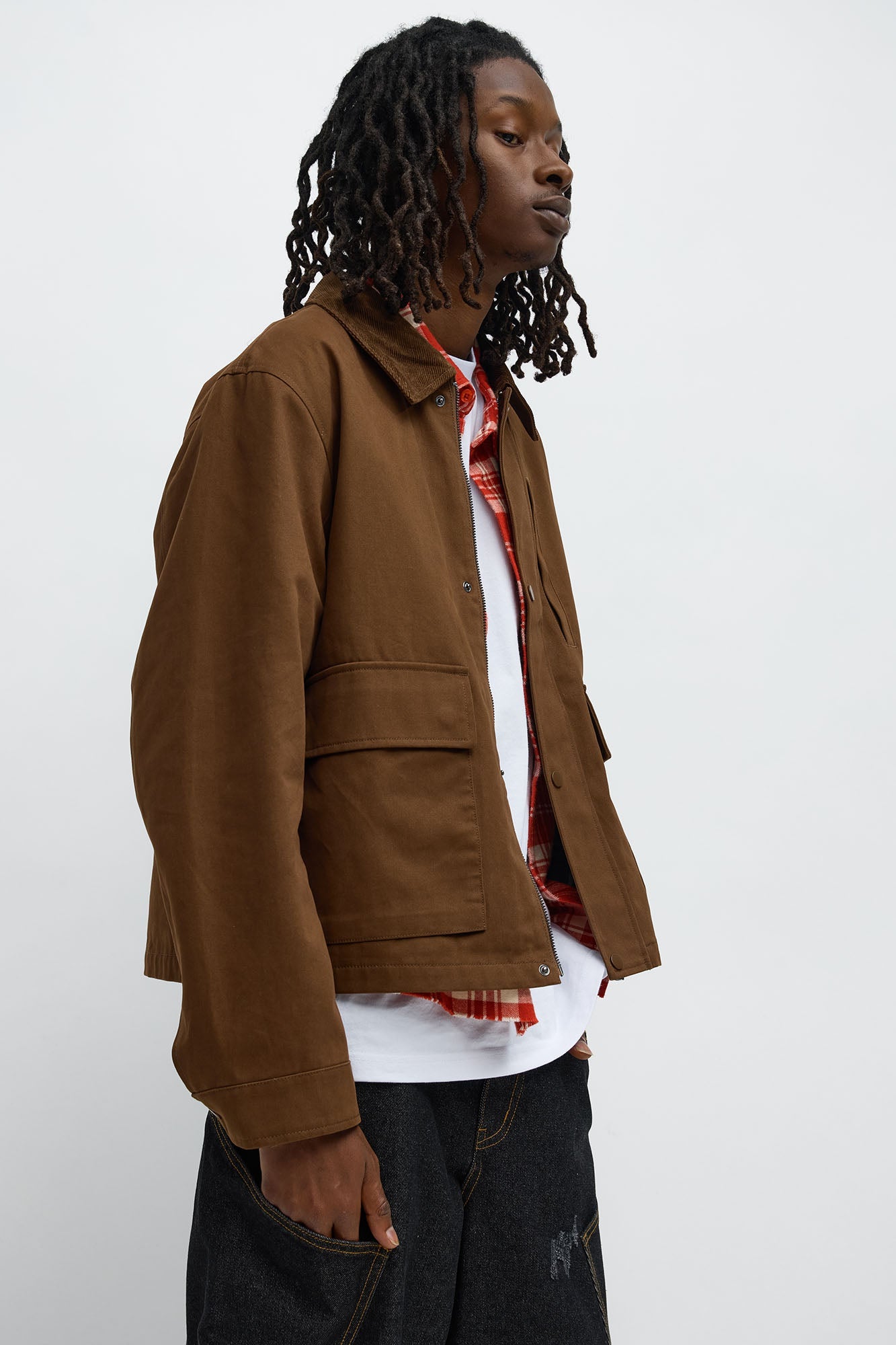 Cropped Utility Corduroy Collar Work Jacket - Brown