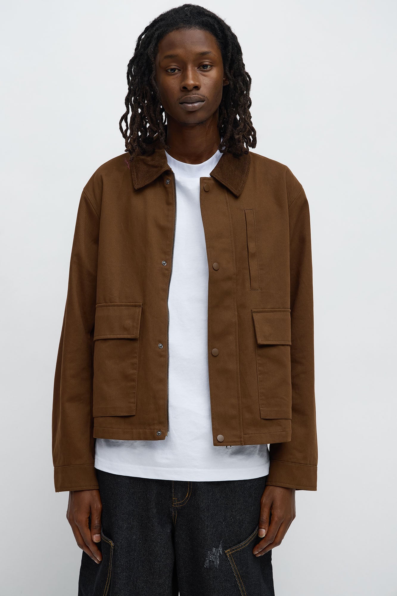 Cropped Utility Corduroy Collar Work Jacket - Brown